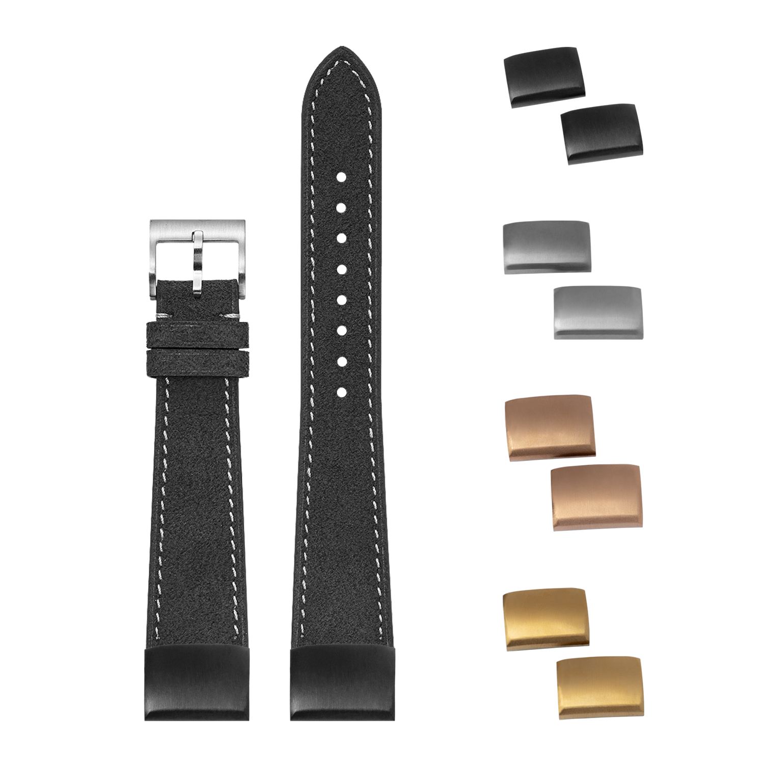 Black alcantara leather watch strap 20mm with white stitching, interchangeable buckles and metal clasps included