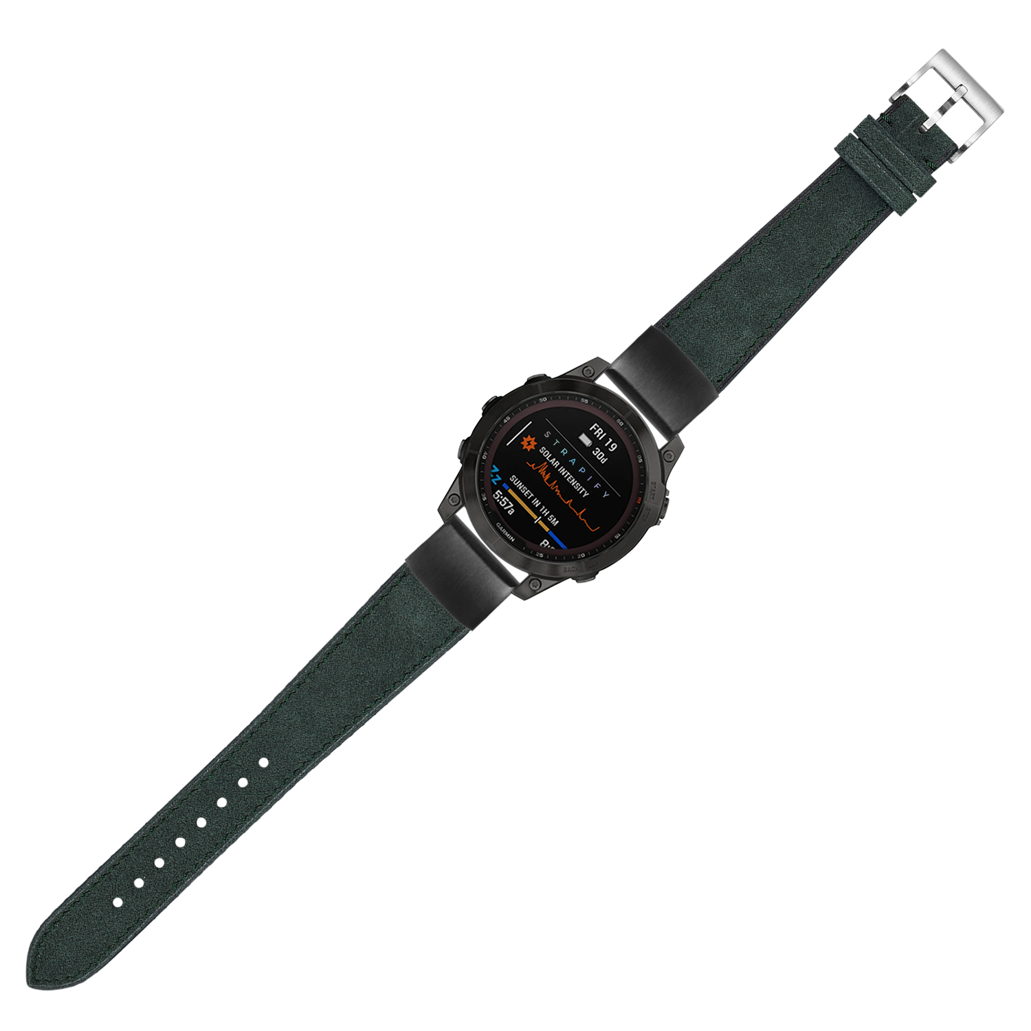 Black smartwatch with forest green alcantara leather strap and silver buckle
