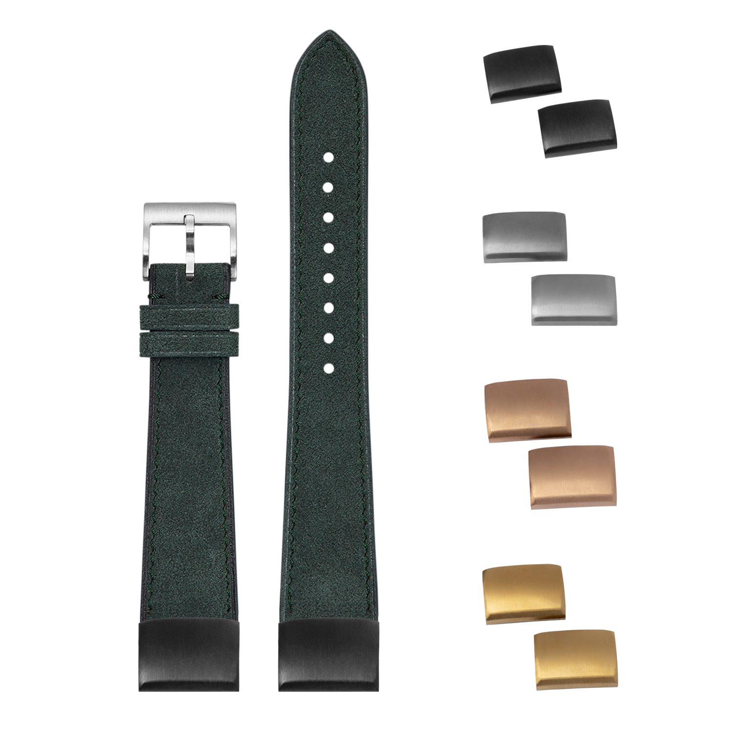 Green Alcantara leather watch strap 20mm with interchangeable metal buckles and keepers included