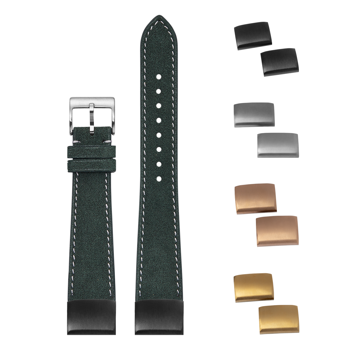 Green Alcantara leather watch strap 20mm with white stitching, interchangeable buckles and endlinks included