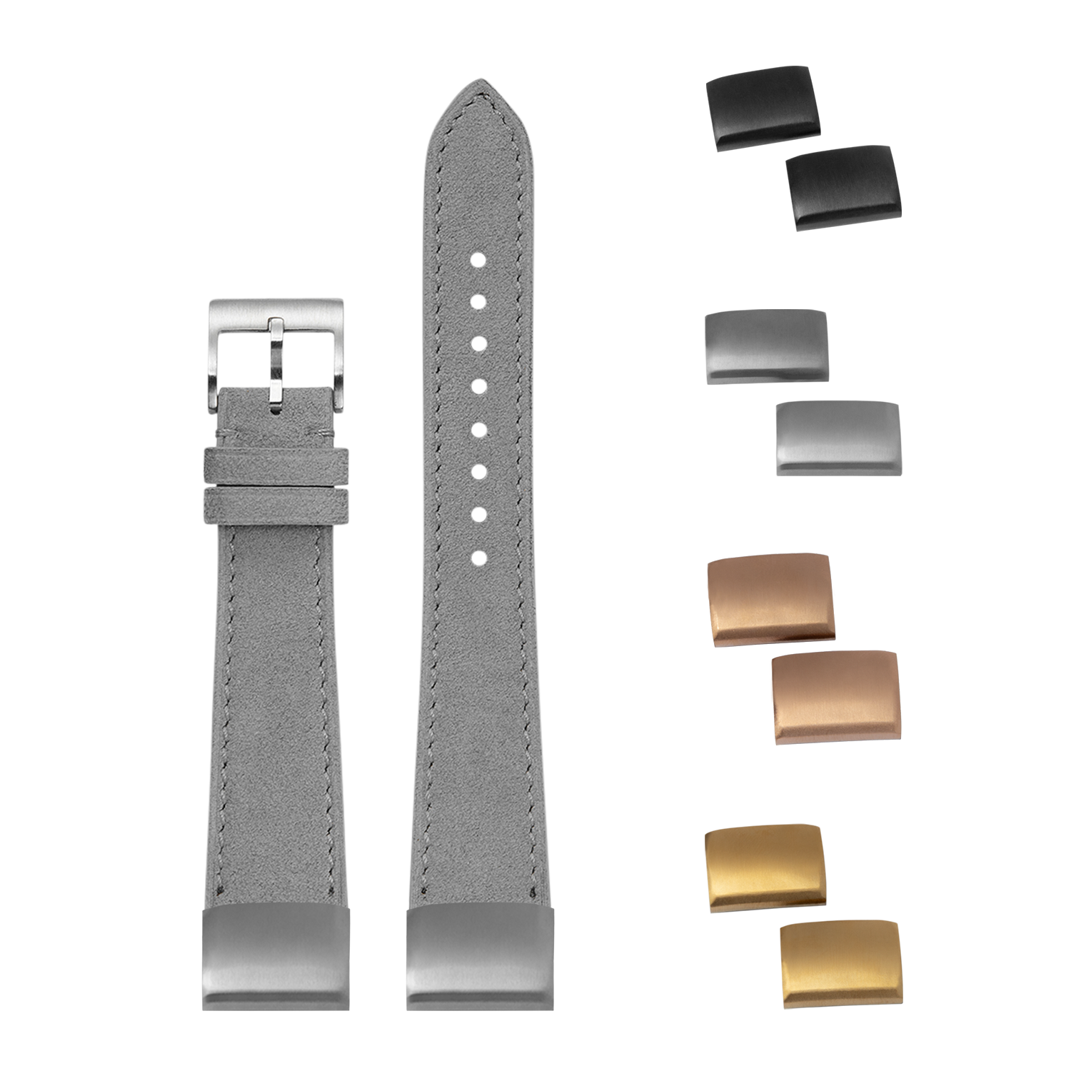 Grey Alcantara leather quick-fit watch band 20mm with interchangeable metal buckles and end links in silver, gold, and black