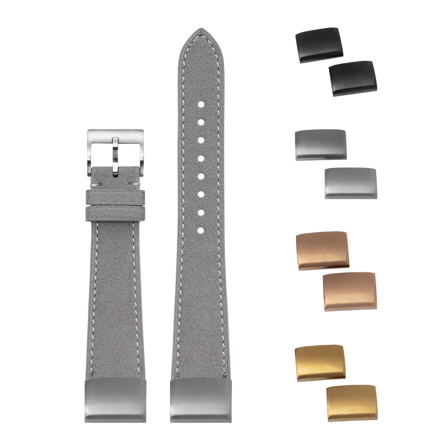 Grey Alcantara leather quick-fit watch strap 20mm with white stitching, stainless steel buckle and interchangeable metal end links