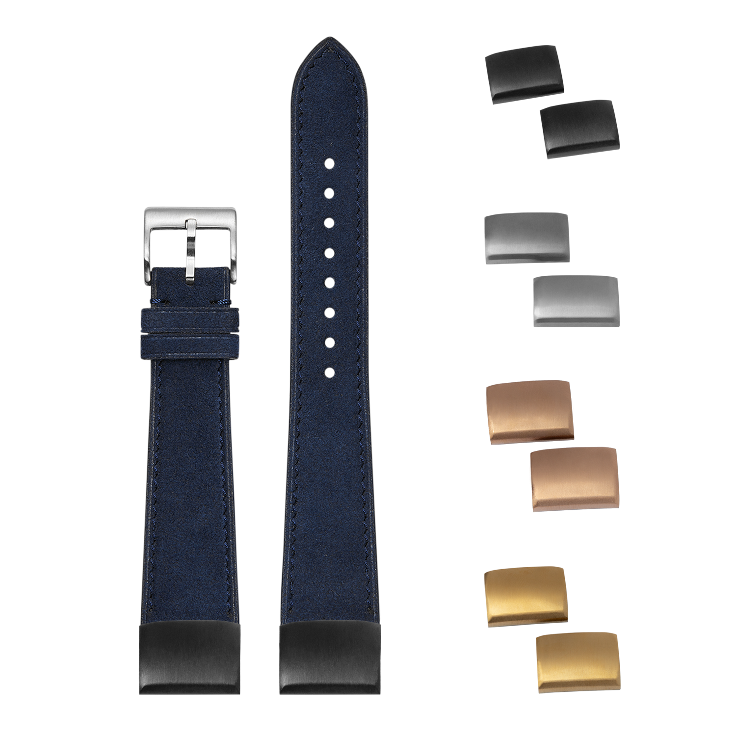 Navy blue Alcantara leather quick-fit watch strap 20mm with interchangeable metal buckles in multiple finishes