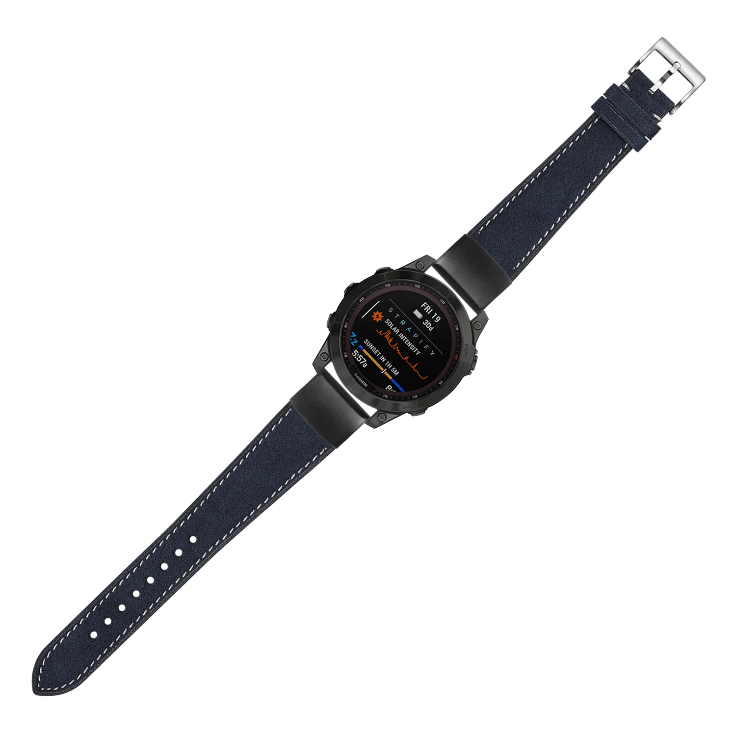Black smartwatch with navy blue alcantara leather strap and white stitching