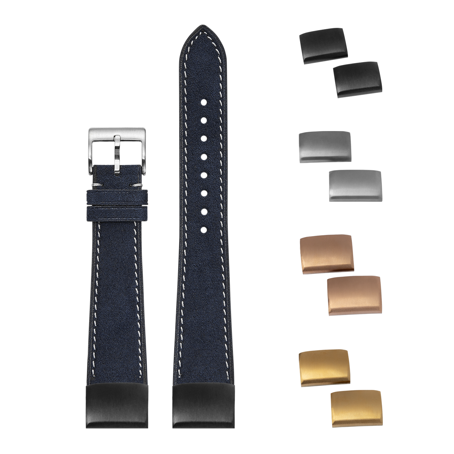 Navy blue Alcantara leather watch strap 20mm with white stitching, interchangeable buckles and metal keepers included