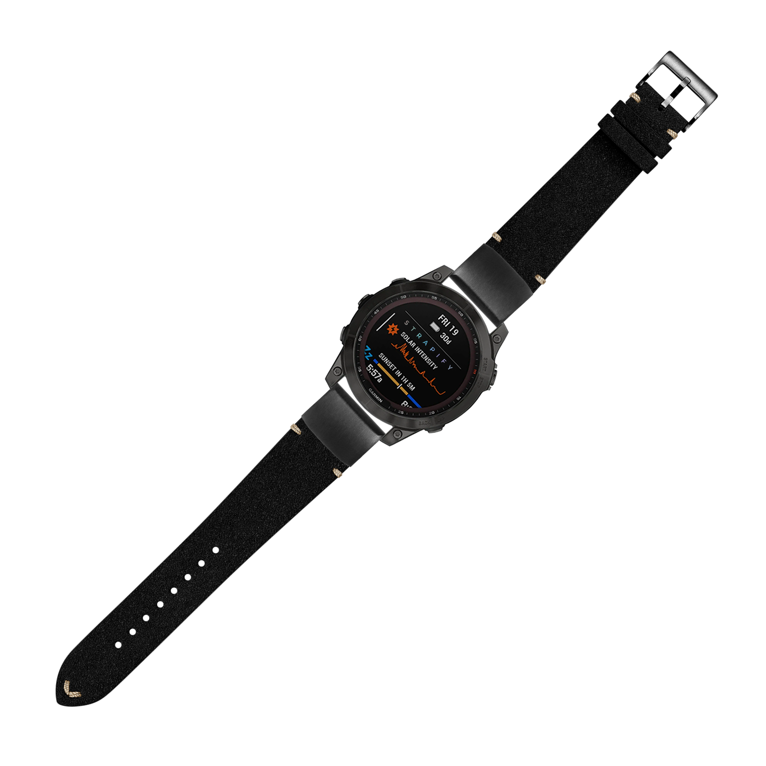 Black Alcantara leather QuickFit watch band 20mm with silver buckle and vintage stitching detail
