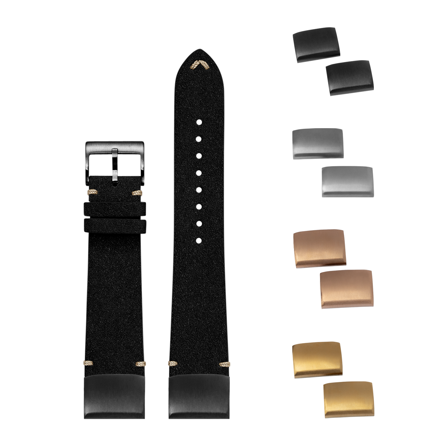 QuickFit black Alcantara leather watch strap 20mm with interchangeable metal buckles in silver, gold and rose gold finishes