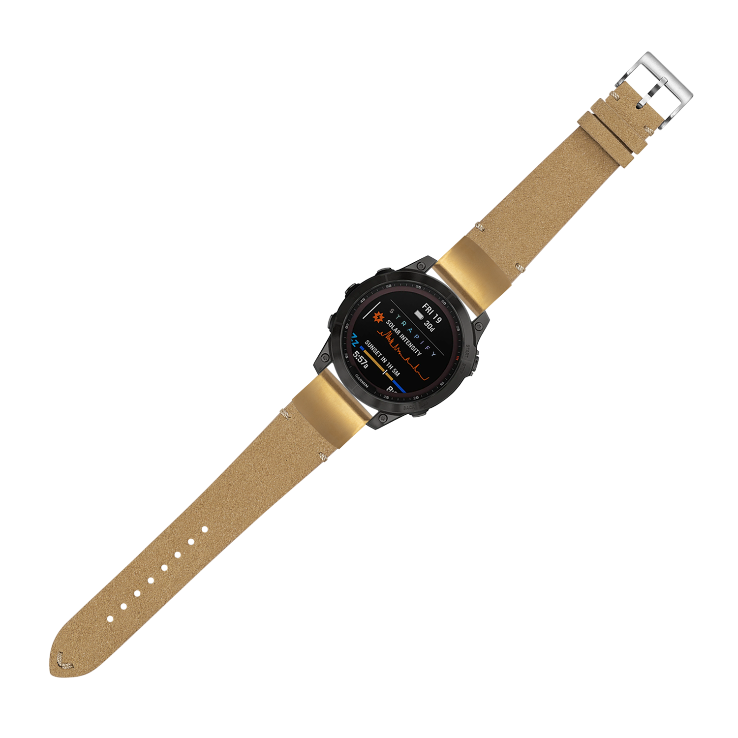 Tactical smartwatch with black dial and tan Alcantara leather band