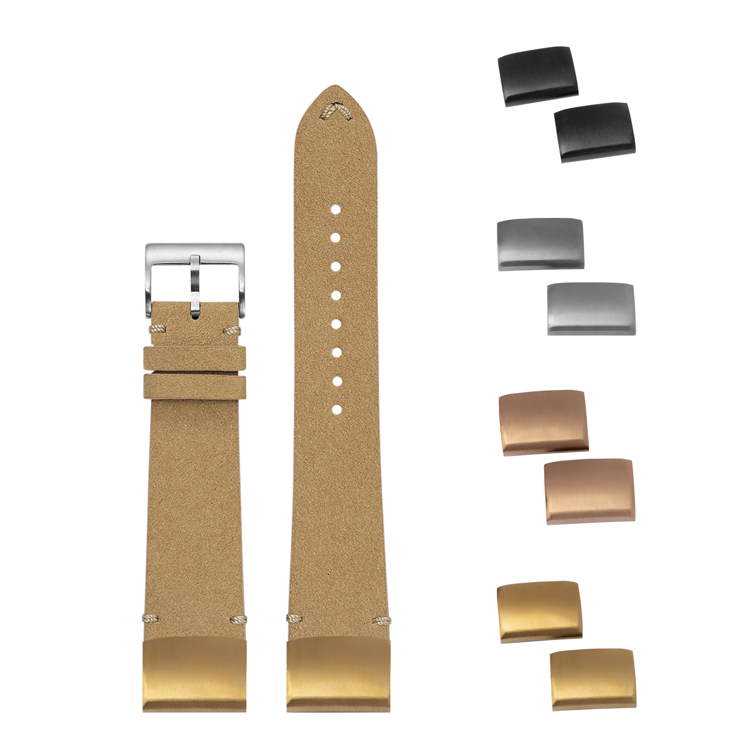 Tan Alcantara leather watch strap with interchangeable metal buckles in silver, black, and gold finishes for 20mm watches