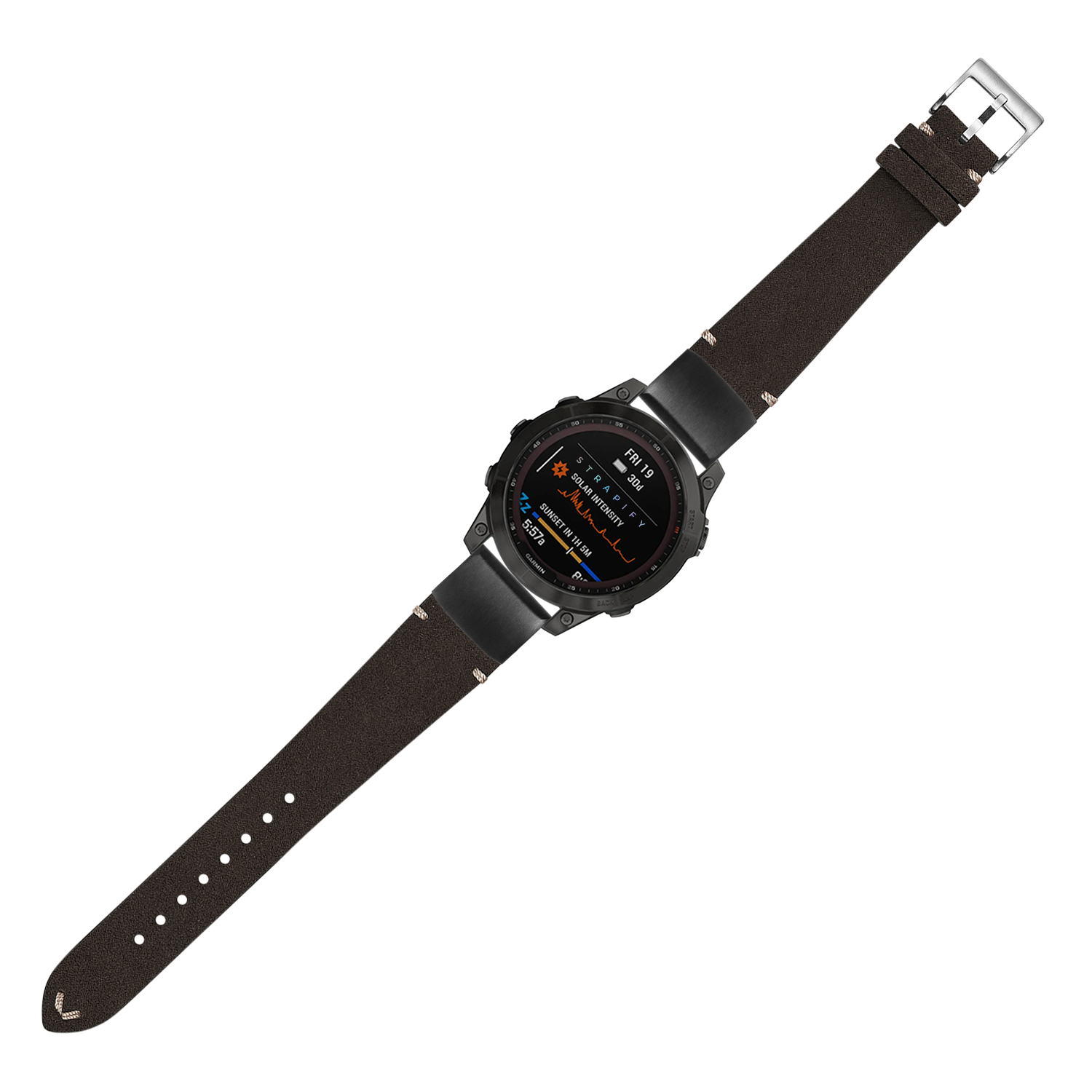 Black digital smartwatch with dark brown Alcantara leather strap and silver buckle