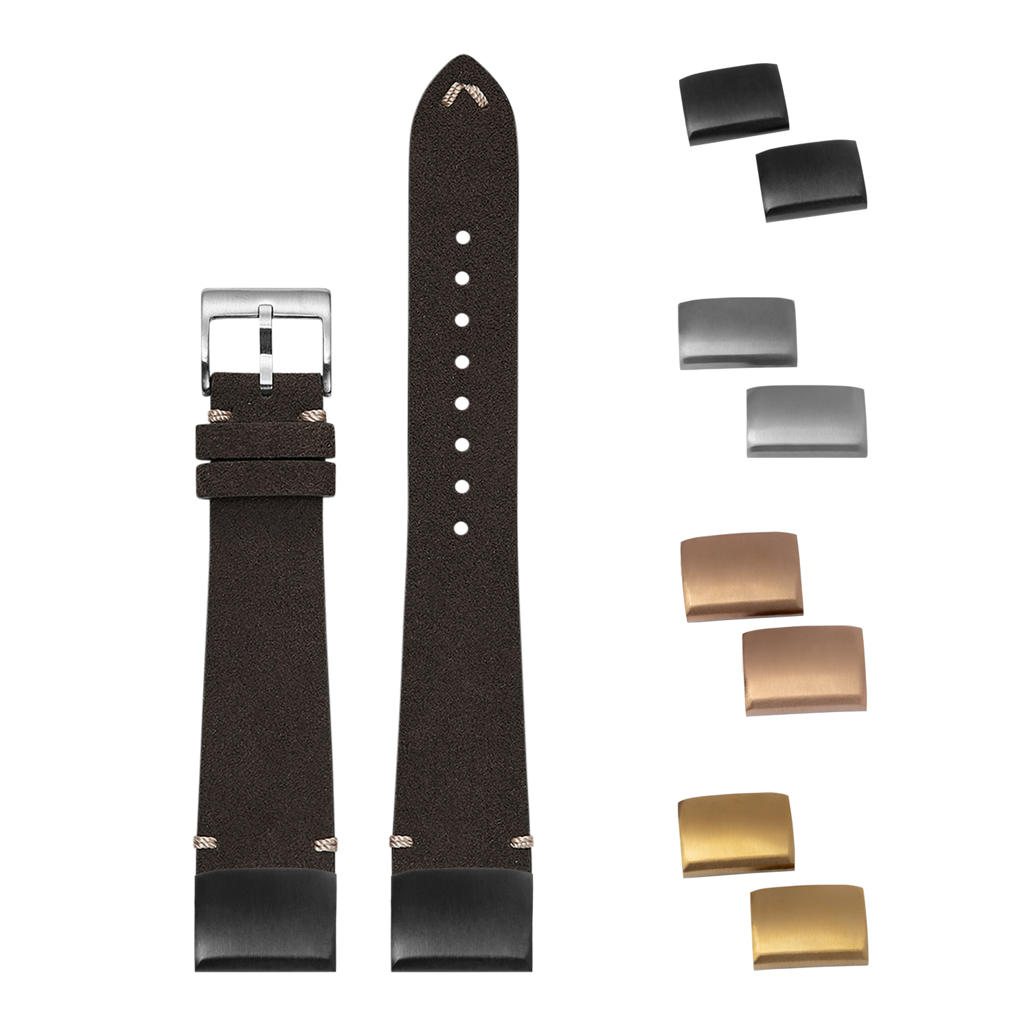 Black suede quick-release watch strap with interchangeable buckles in silver, gold, and bronze finishes