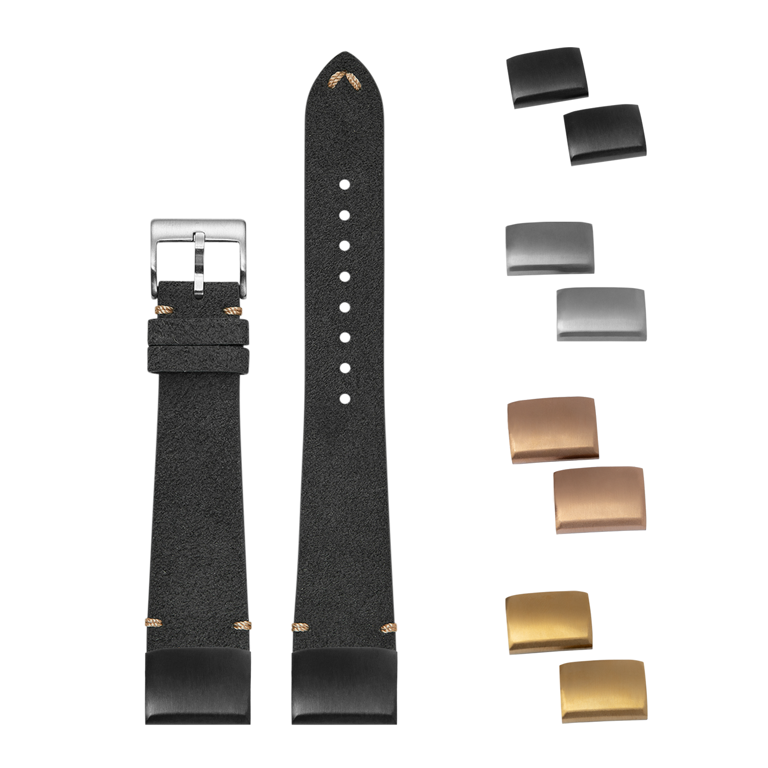 Black Alcantara leather watch band with stainless steel and gold-tone buckles, featuring interchangeable clasp options