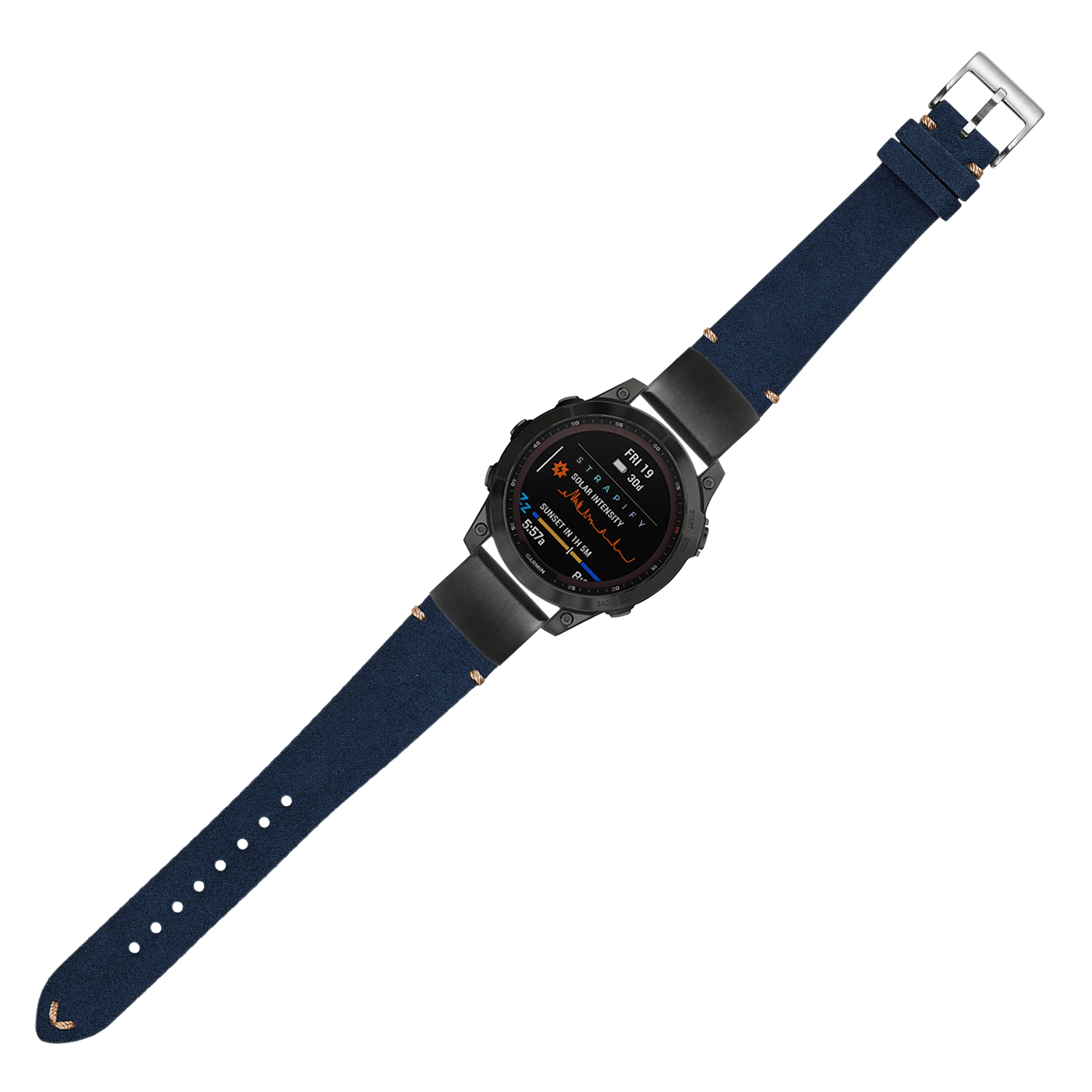 Smartwatch with black digital face and navy blue Alcantara leather QuickFit band