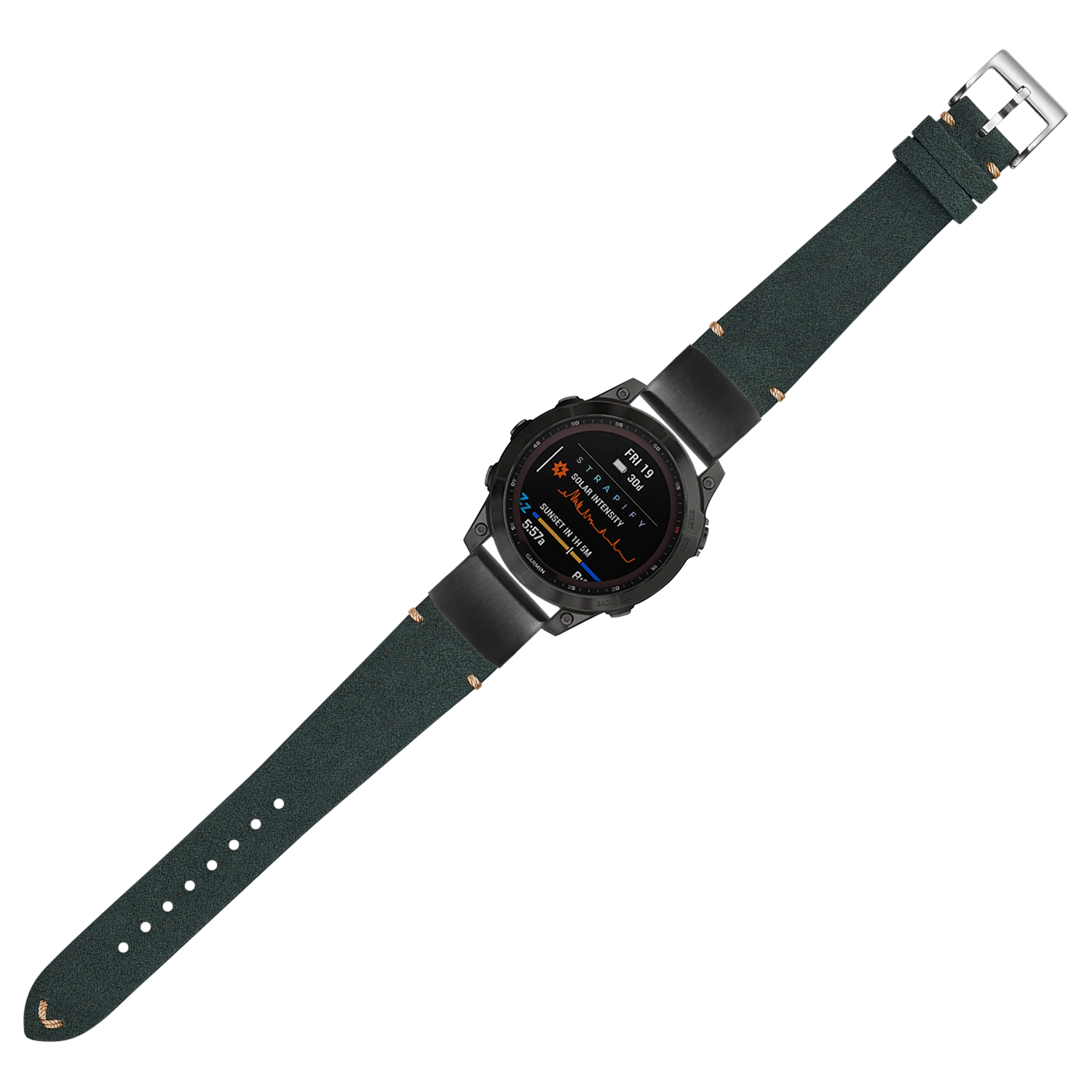 Smartwatch with black case and forest green Alcantara leather strap featuring metal buckle
