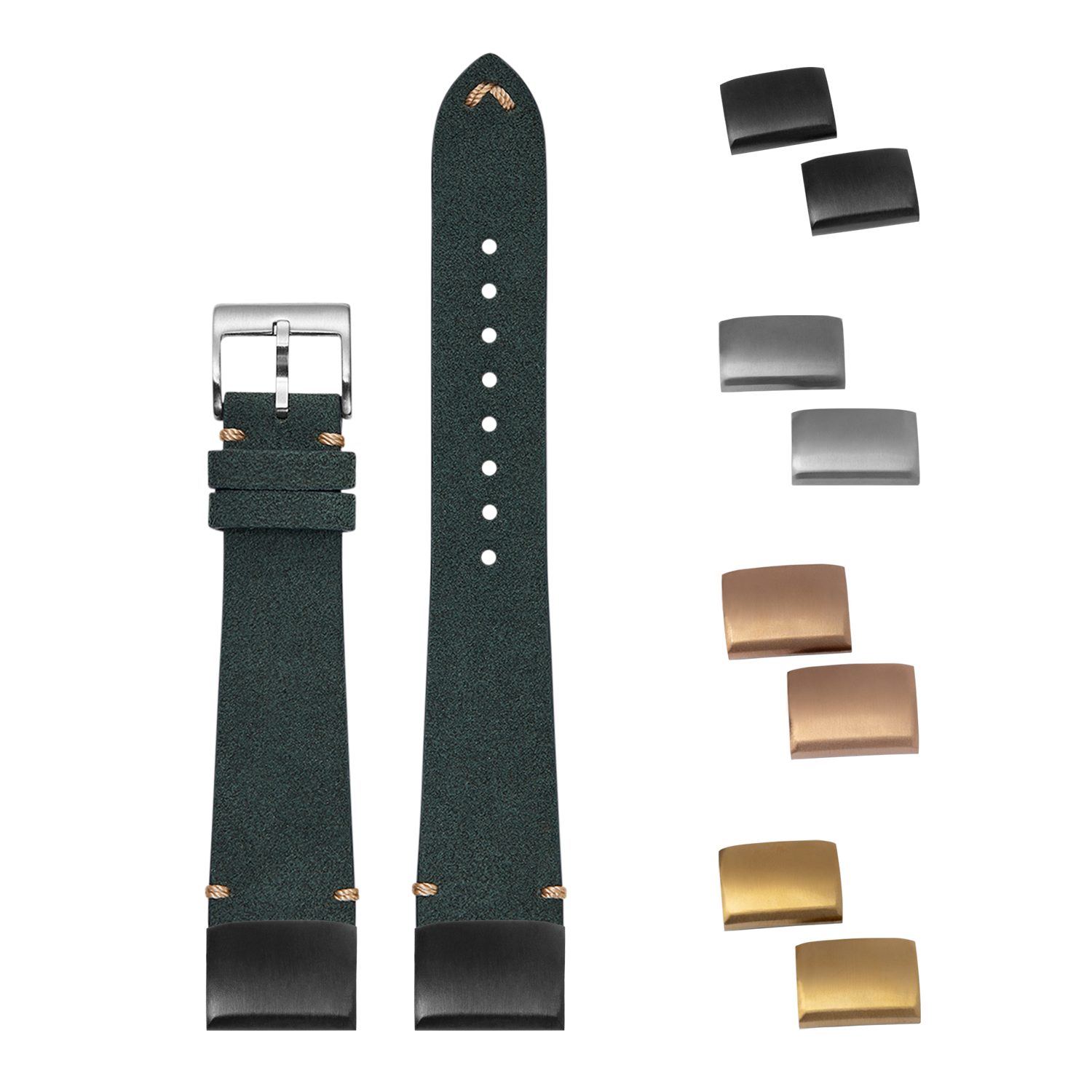 Forest green Alcantara leather quick-fit watch band 20mm with interchangeable metal buckles in silver, rose gold and gold finishes