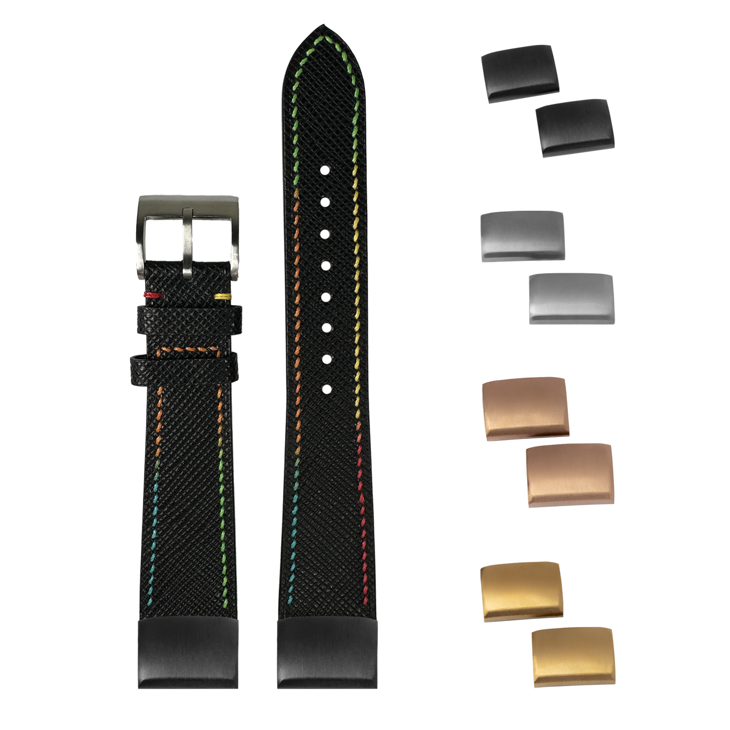 QuickFit Chevre Saffiano black watch strap with rainbow stitching, interchangeable buckles and keepers included