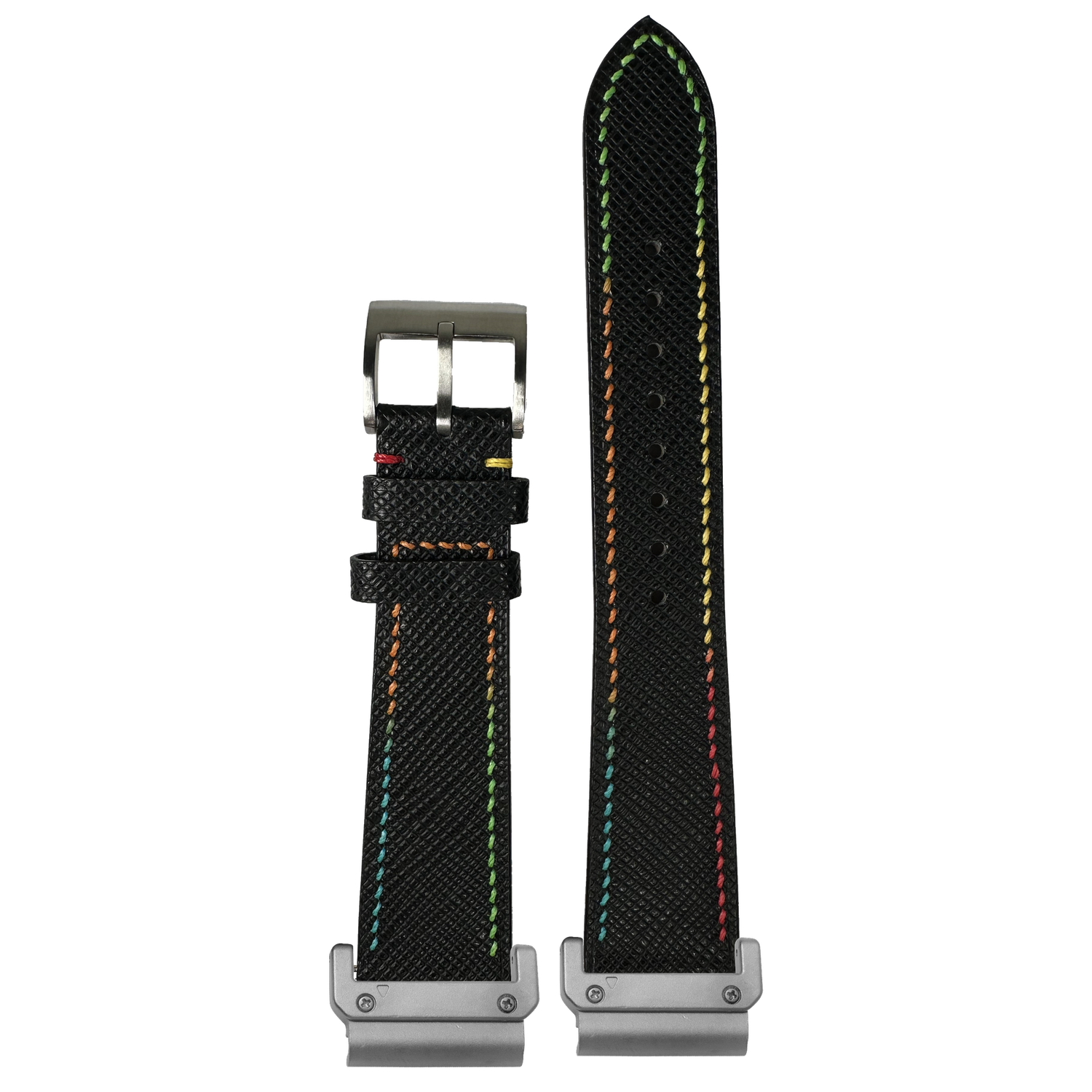 Chevre Saffiano Black Rainbow Stitching strap with QuickFit adapters attached to both ends
