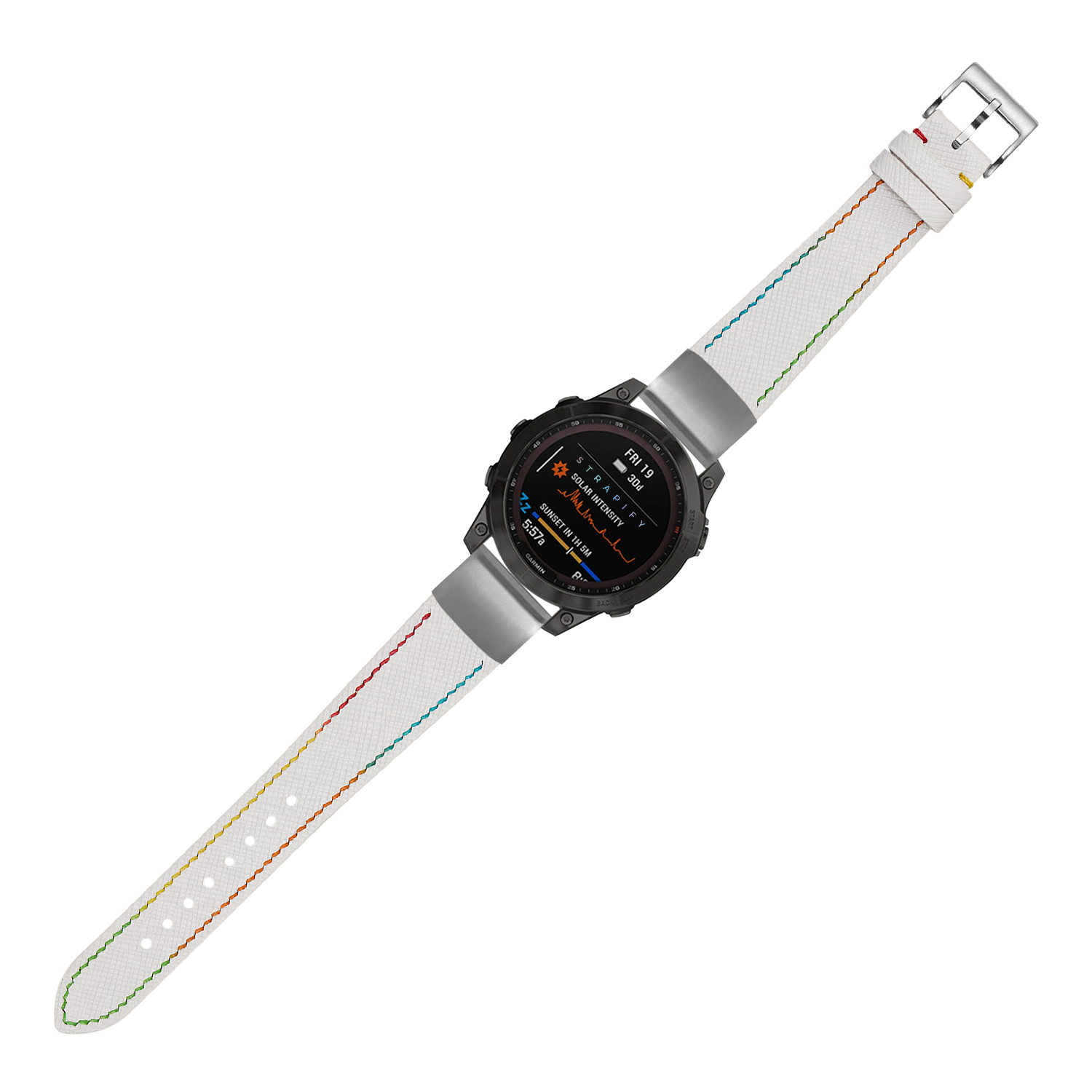 Smartwatch with white Chevre Saffiano leather band featuring colorful rainbow stitching, silver buckle, and black digital display face