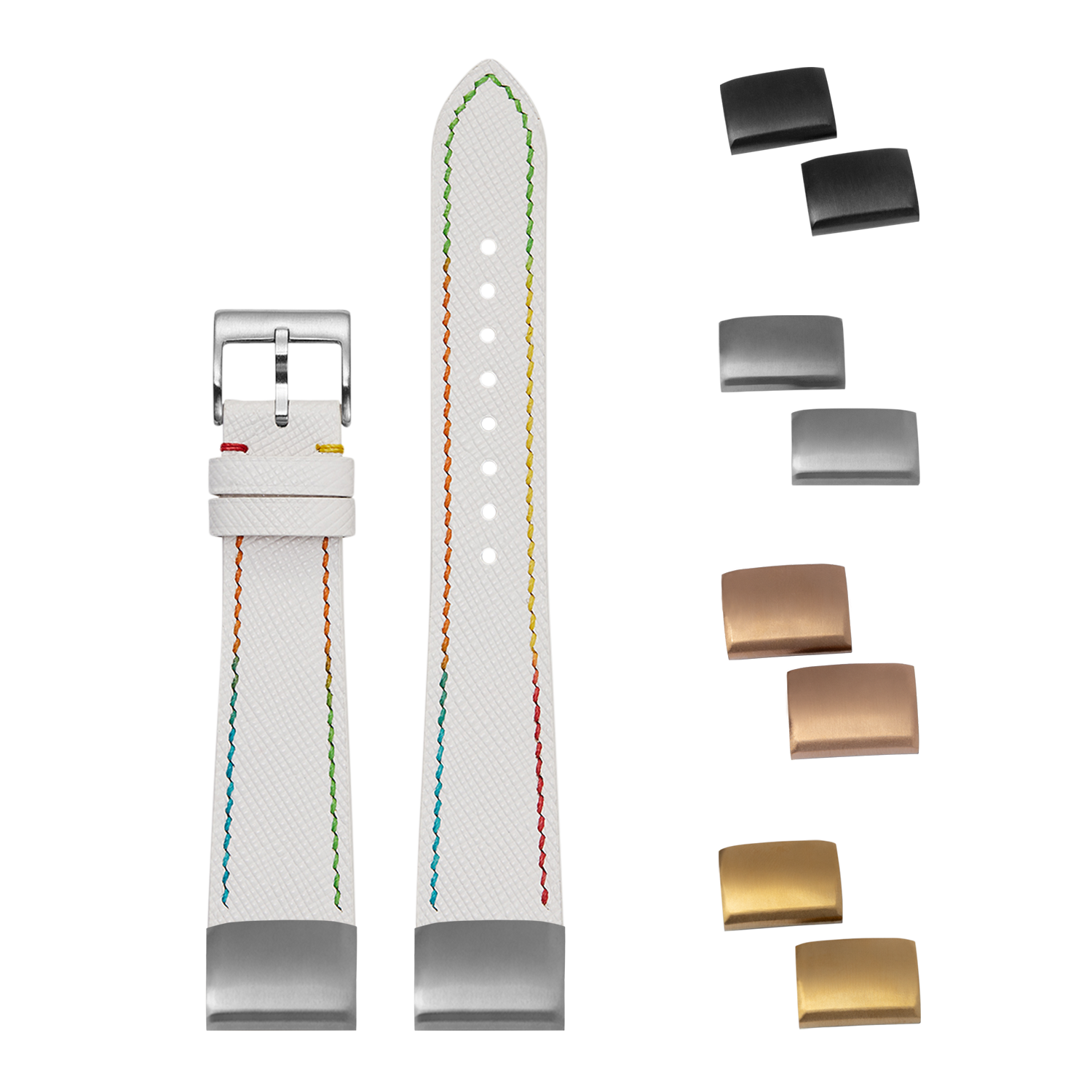 White leather watch band with rainbow stitching, interchangeable buckles and end links for 20mm watches