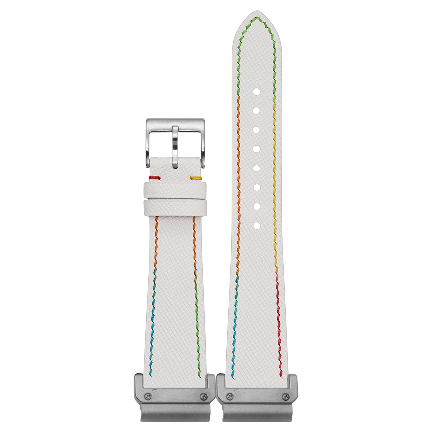 Chevre Saffiano White Rainbow Stitching strap with QuickFit adapters attached to both ends
