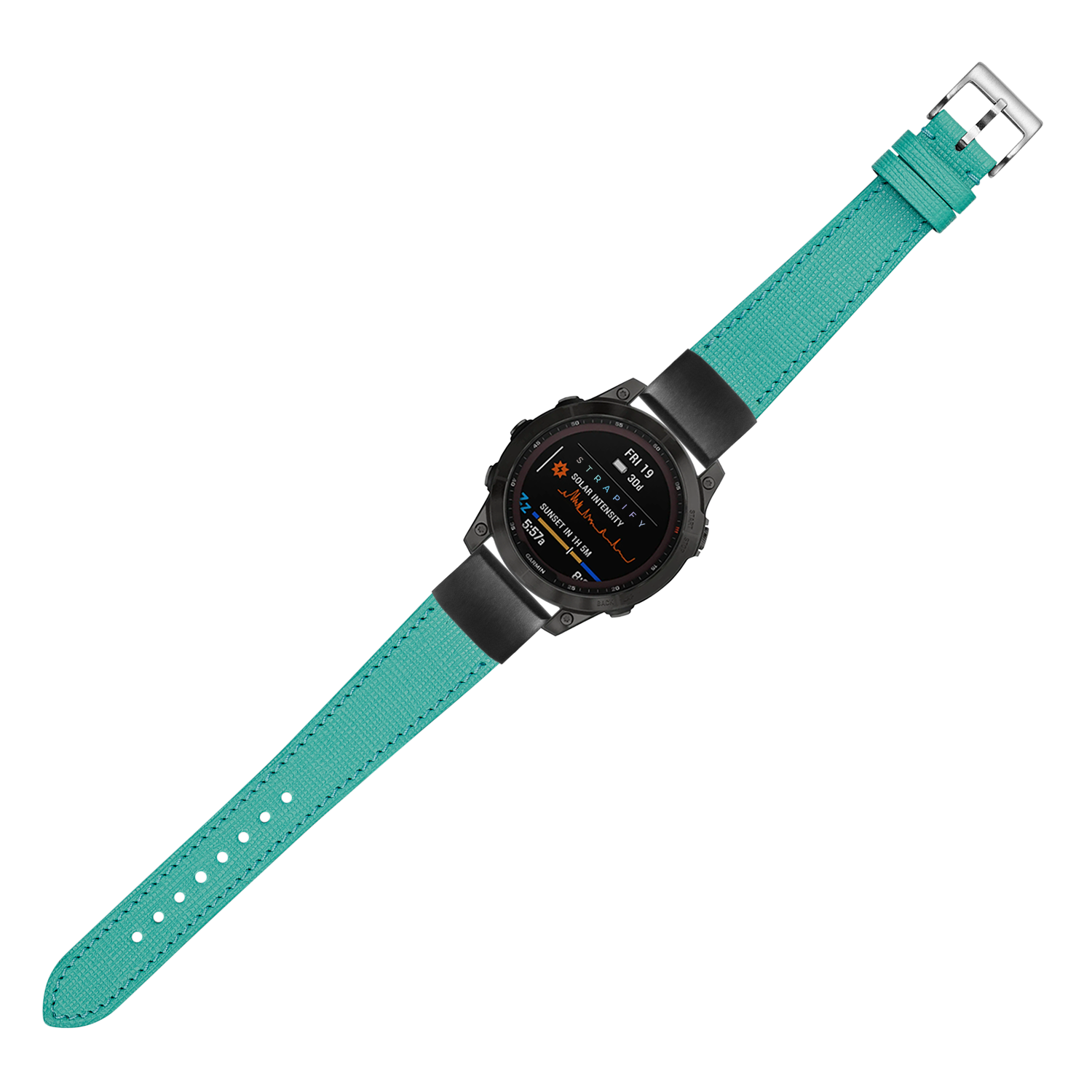 QuickFit Chevre Saffiano leather turquoise strap 20mm with black digital smartwatch displaying fitness metrics and data