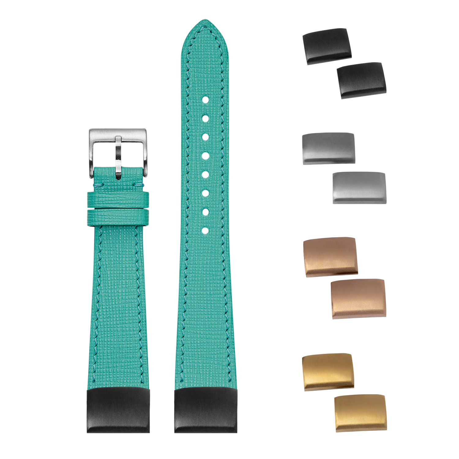 Turquoise QuickFit Chevre Saffiano leather watch band 20mm with interchangeable metal buckles and clasps in silver, black, bronze, and gold
