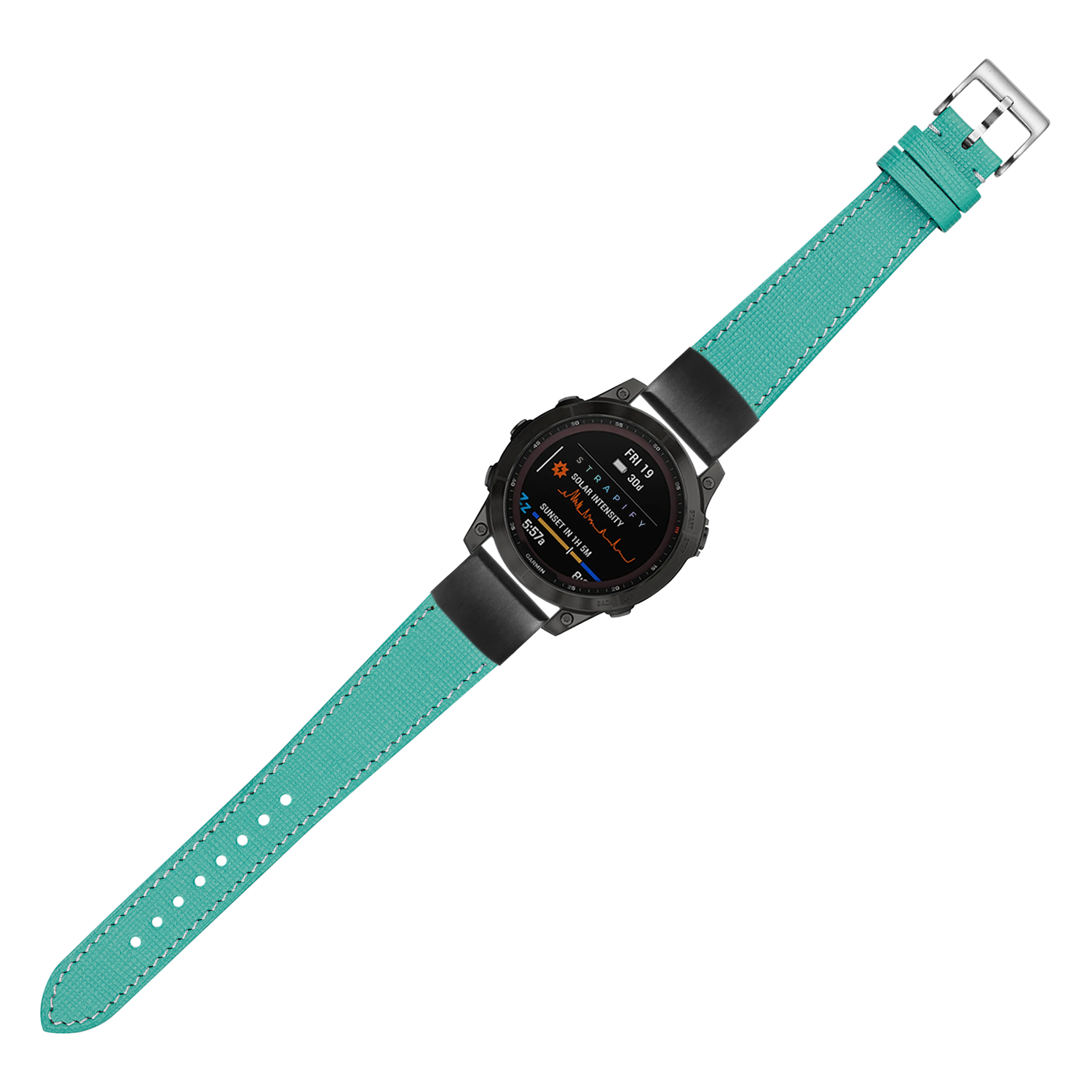 Turquoise Saffiano leather smartwatch band 20mm with white stitching, quick-fit connector, silver buckle, displayed on black sports watch