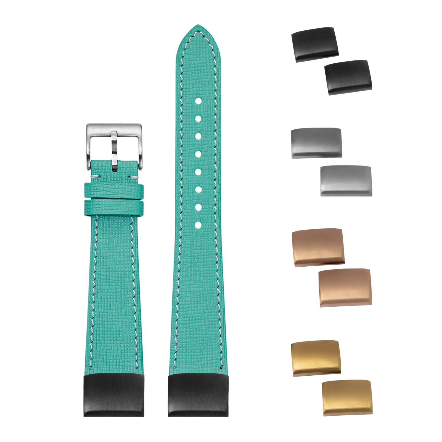 Tiffany blue Chevre Saffiano leather watch band 20mm with white stitching, interchangeable metal buckles and rubber end links