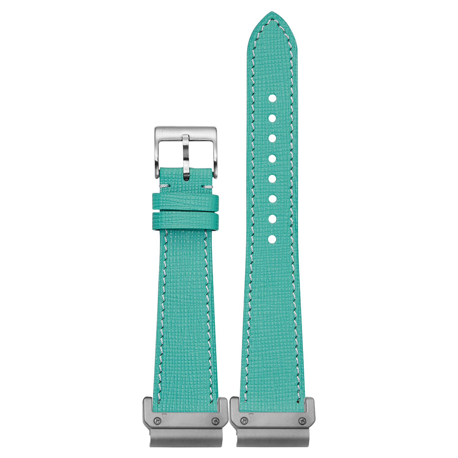 Chevre Saffiano Leather Tiffany Blue White Stitching strap with QuickFit adapters attached to both ends