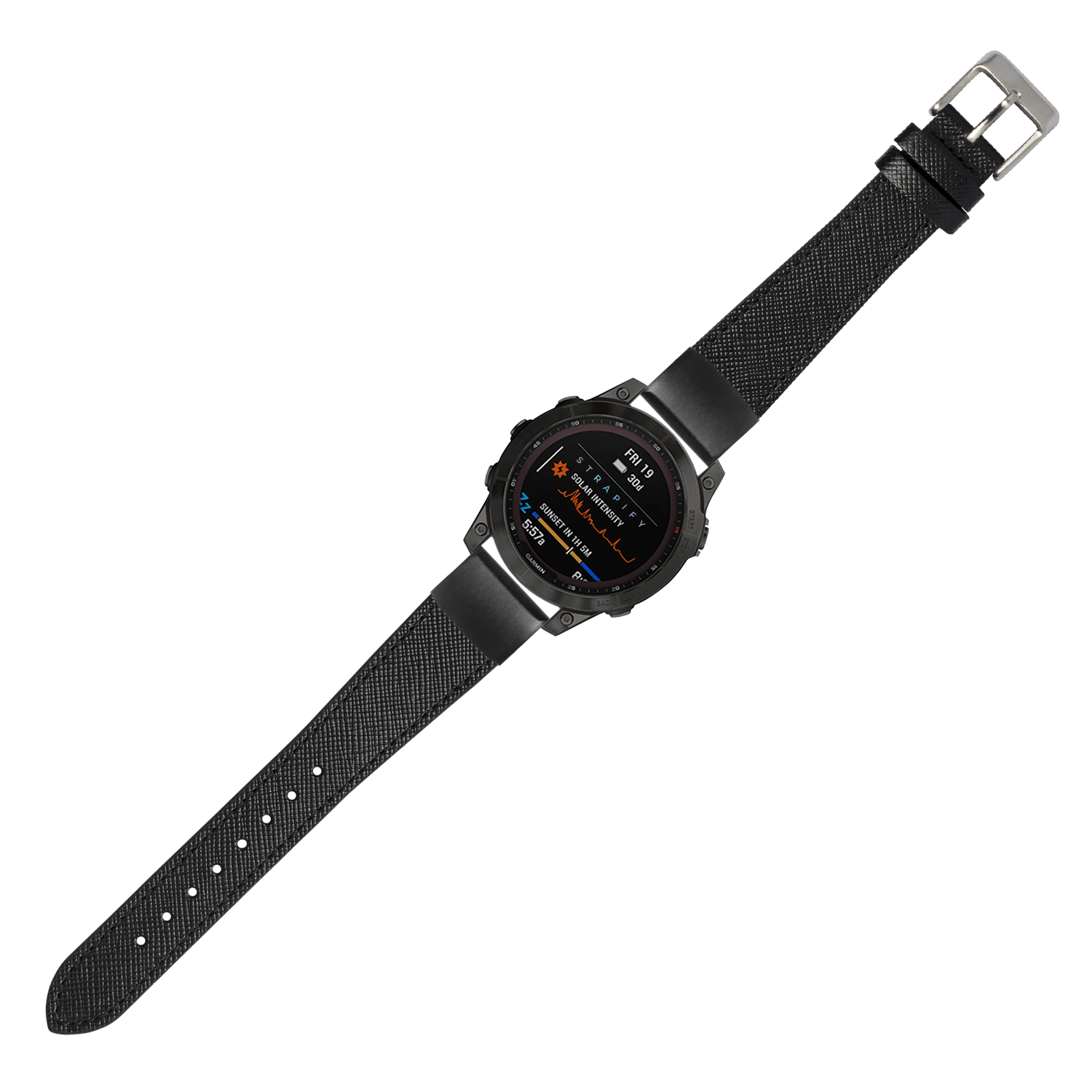 Black Saffiano leather QuickFit 20mm watch strap with stainless steel buckle and textured finish