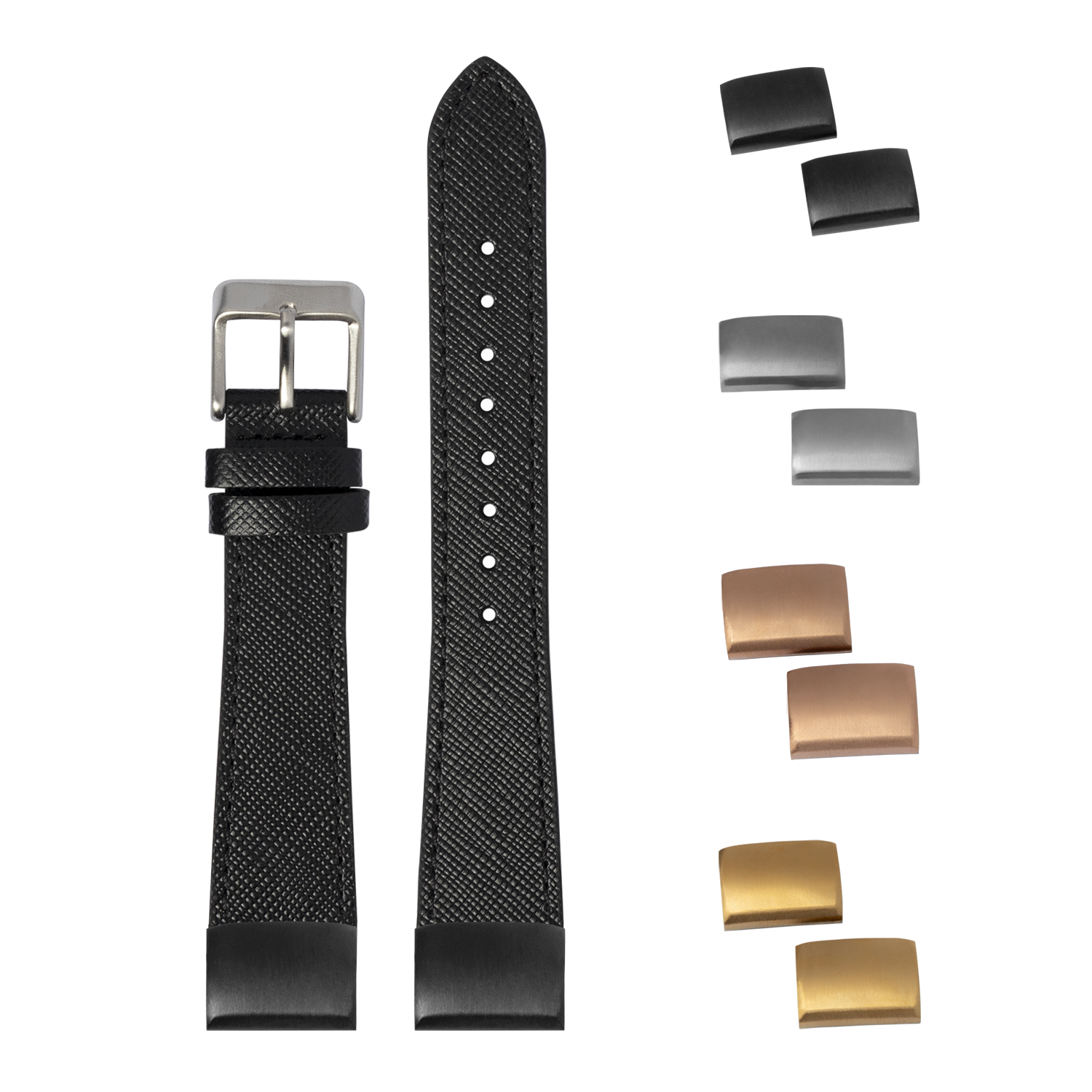 Black saffiano leather 20mm QuickFit watch band with stainless steel buckle and interchangeable metal clasps
