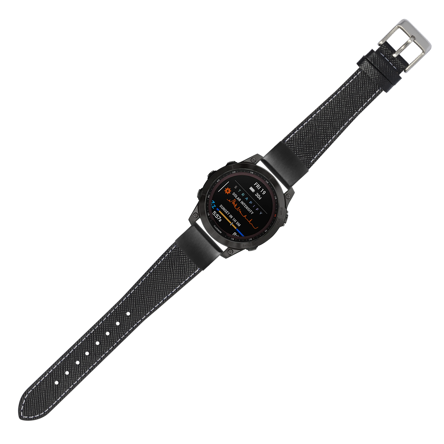 Black Saffiano leather smartwatch band with white stitching and quick-fit connector for 20mm watch lugs