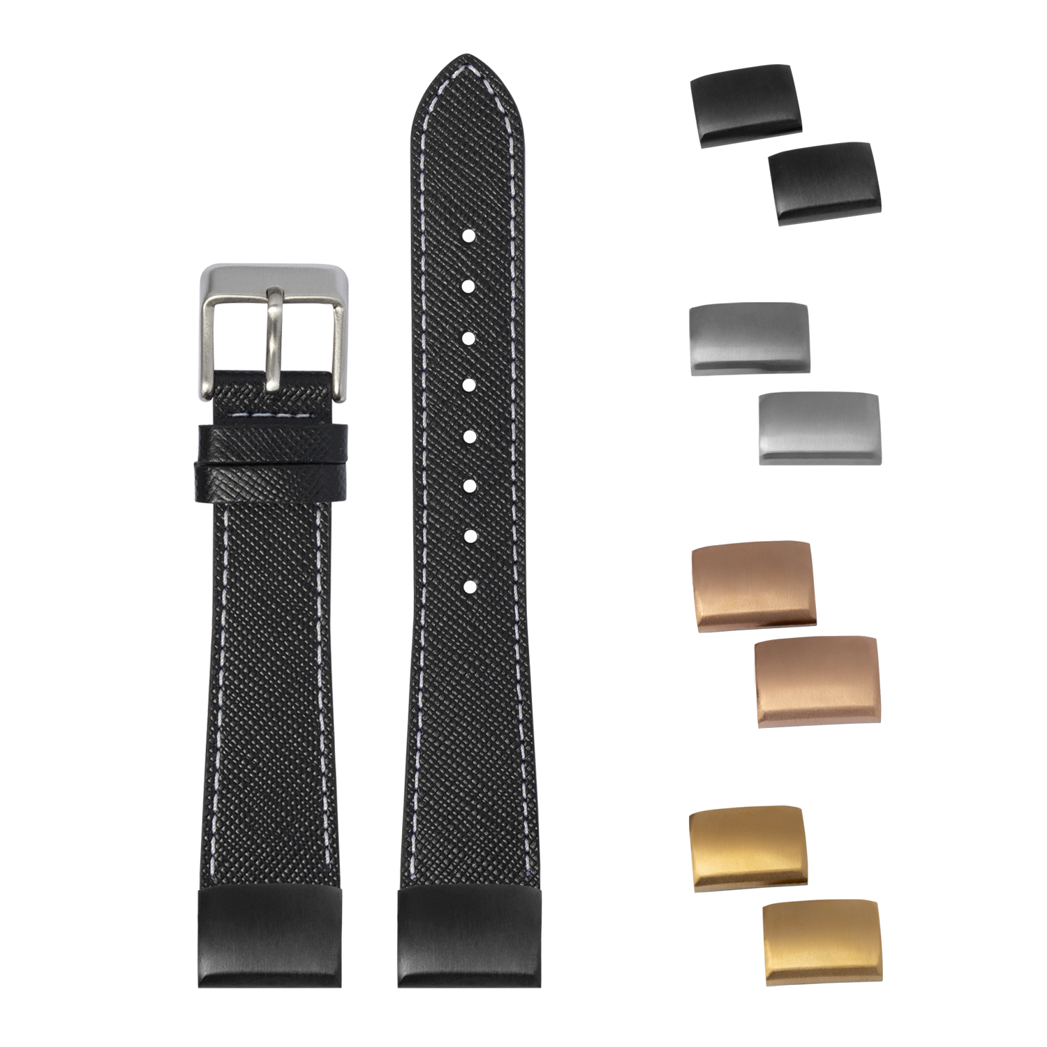 Black Saffiano leather watch band 20mm with white stitching, interchangeable buckles and metal clasps included