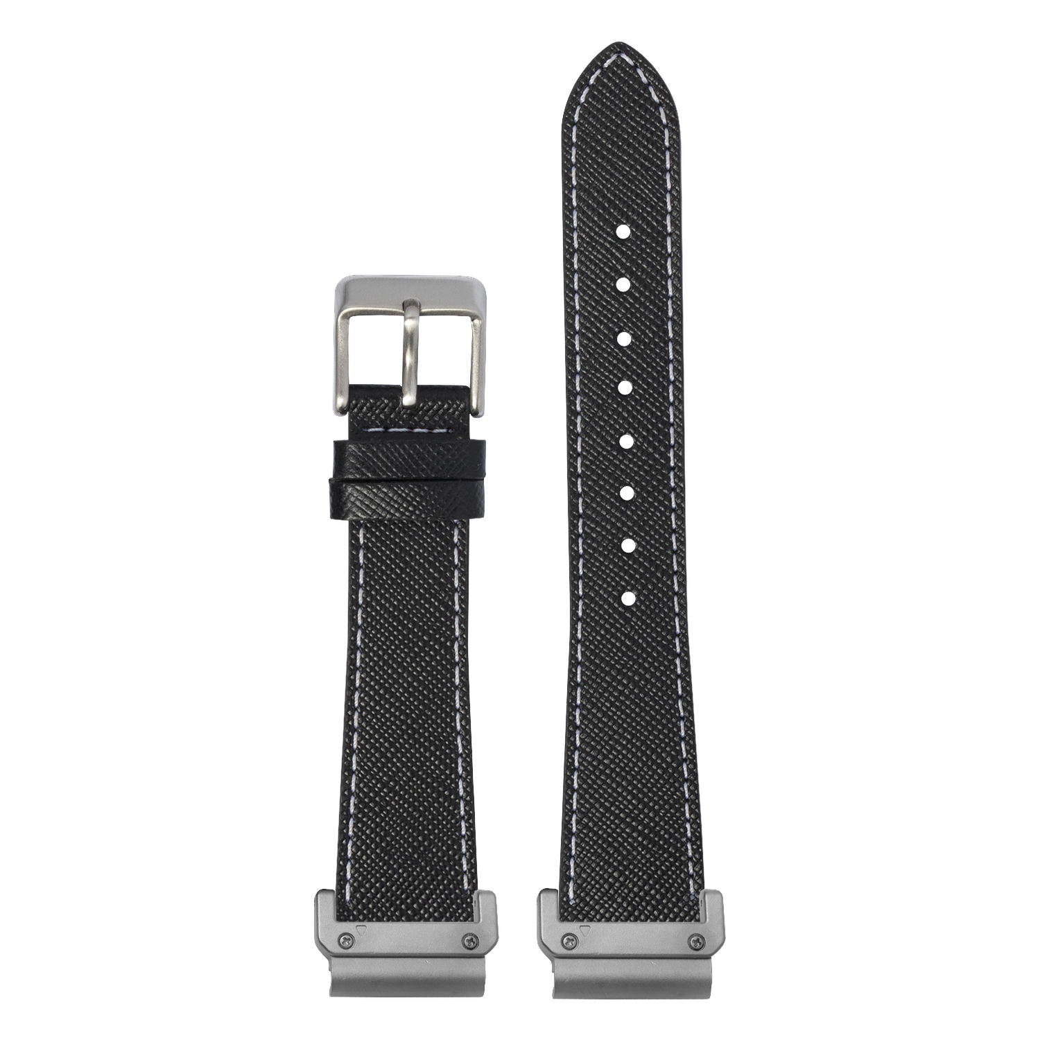 Saffiano Leather Black White Stitching strap with QuickFit adapters attached to both ends