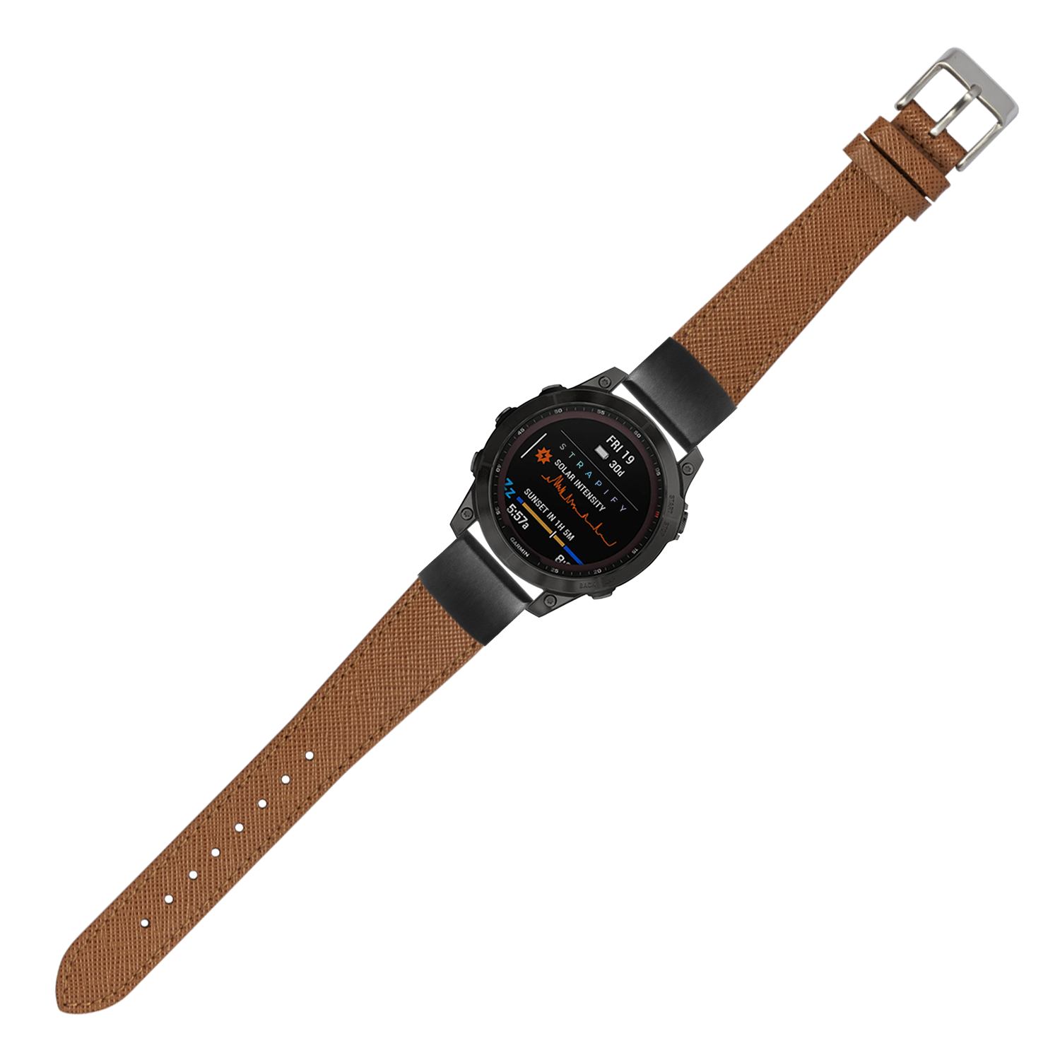 QuickFit Saffiano leather watch strap in brown 20mm with silver buckle and textured fabric band
