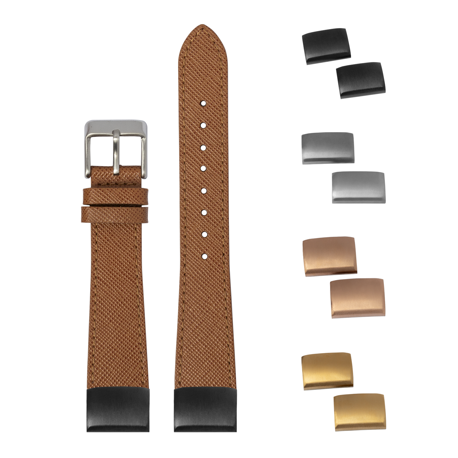 Brown saffiano leather QuickFit watch band 20mm with interchangeable metal buckles in silver, gunmetal, rose gold and gold finishes