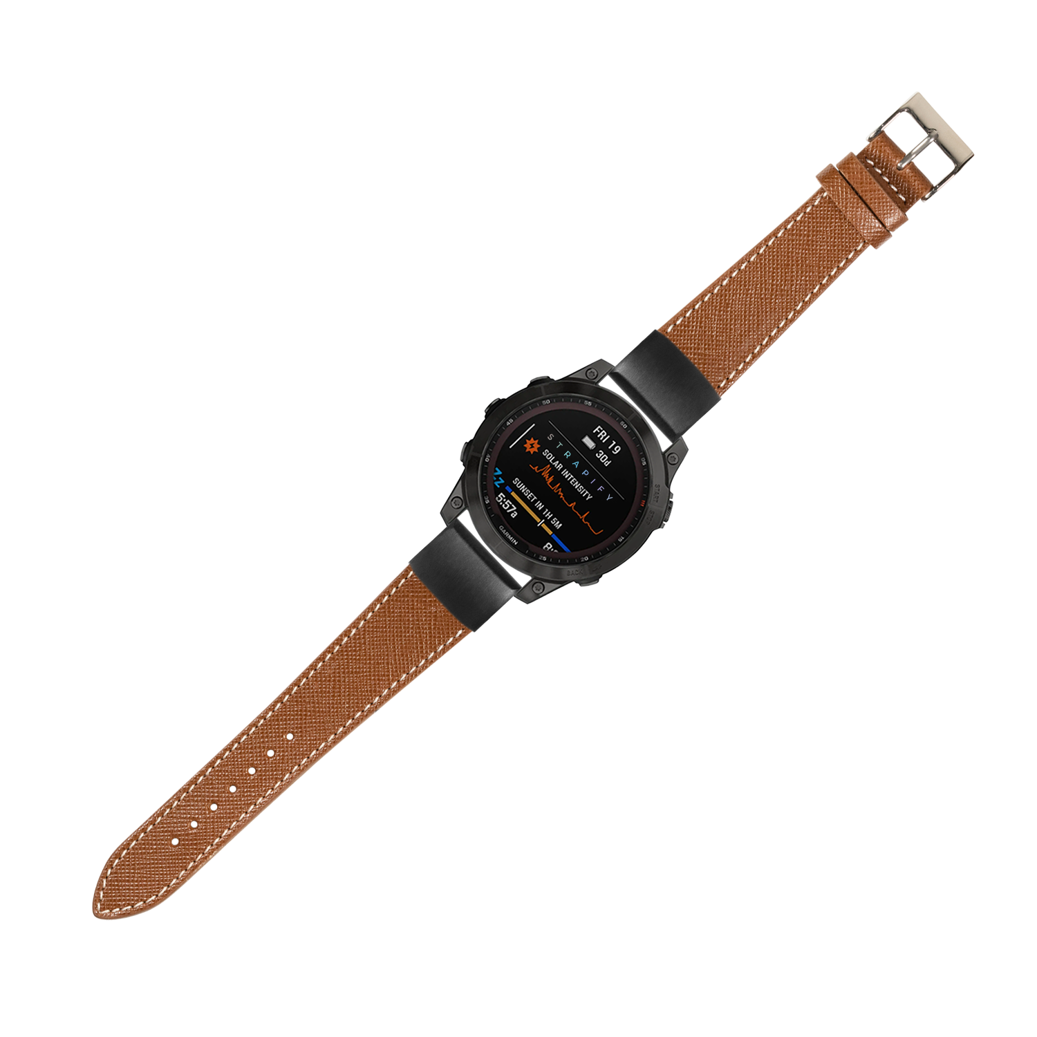 Black smartwatch with brown Saffiano leather band and white stitching, featuring digital display and metal bezel