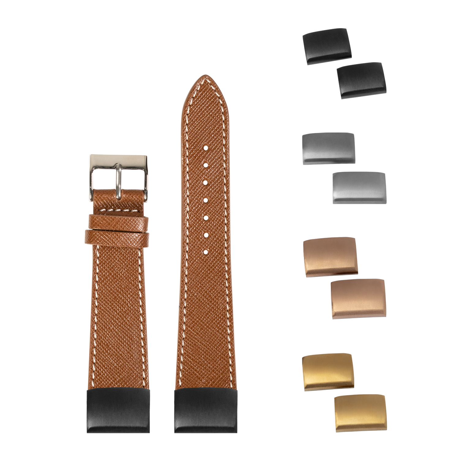 Brown saffiano leather watch strap 20mm with white stitching and interchangeable metal buckles in black, silver, and gold finishes