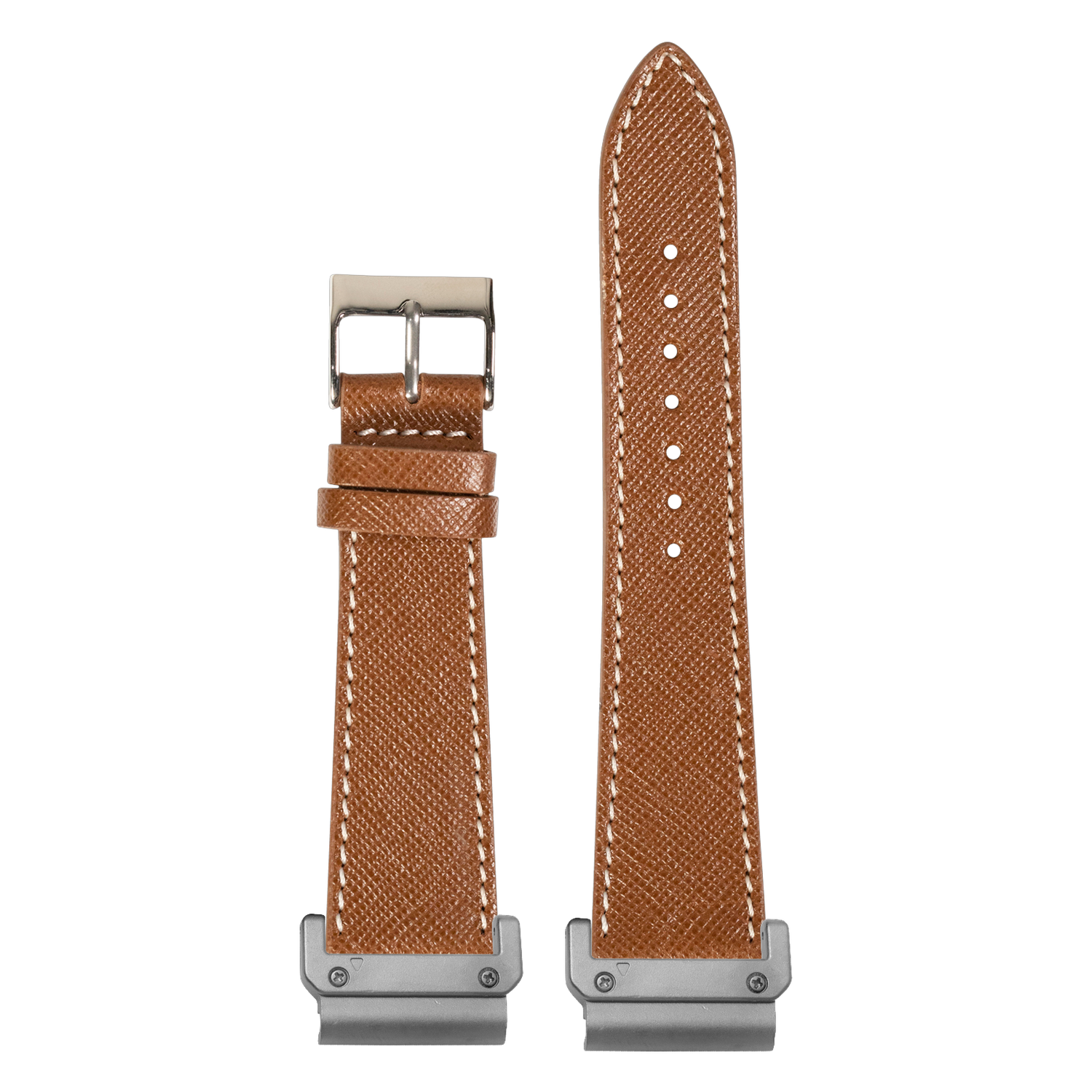 Saffiano Leather Brown White Stitching strap with QuickFit adapters attached to both ends