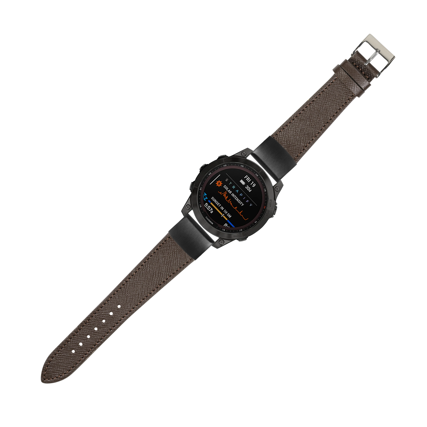 Black smartwatch with dark brown saffiano leather QuickFit band displaying digital interface on AMOLED screen