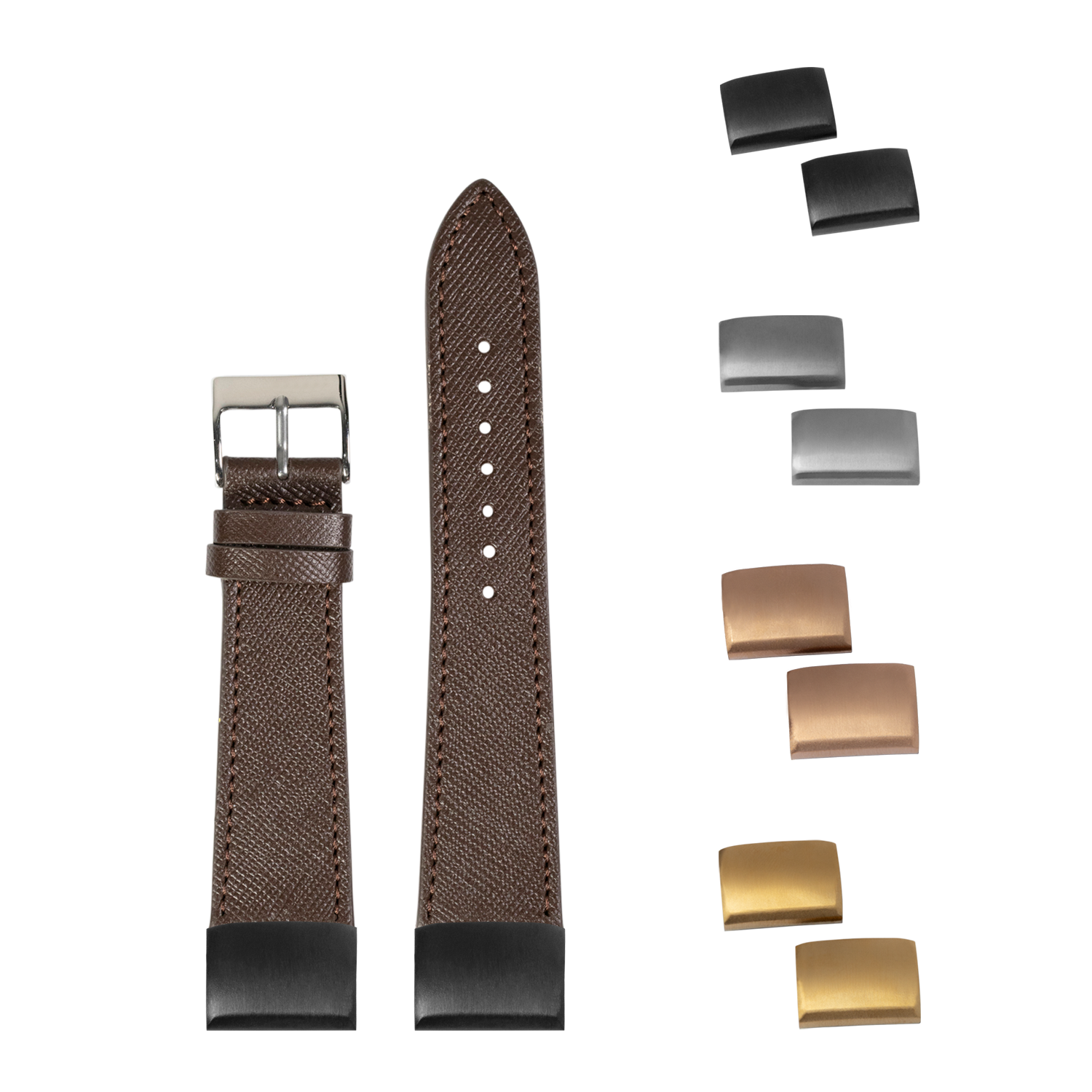 QuickFit Saffiano leather watch strap in dark brown with interchangeable metal buckles in gold, rose gold, and silver finishes