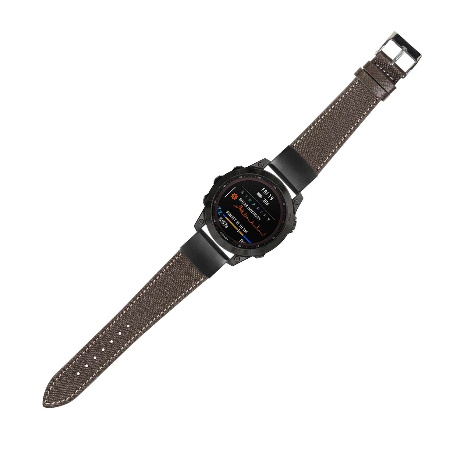 Black smartwatch with dark brown leather band featuring white stitching and digital display showing multi-color data metrics