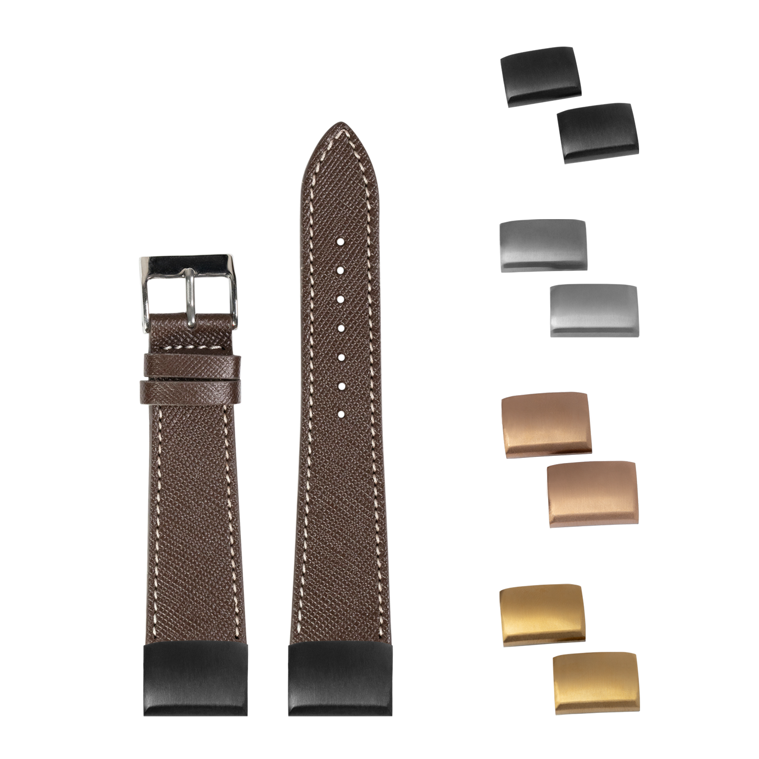 Brown saffiano leather watch strap 20mm with white stitching, interchangeable buckles and metal hardware included