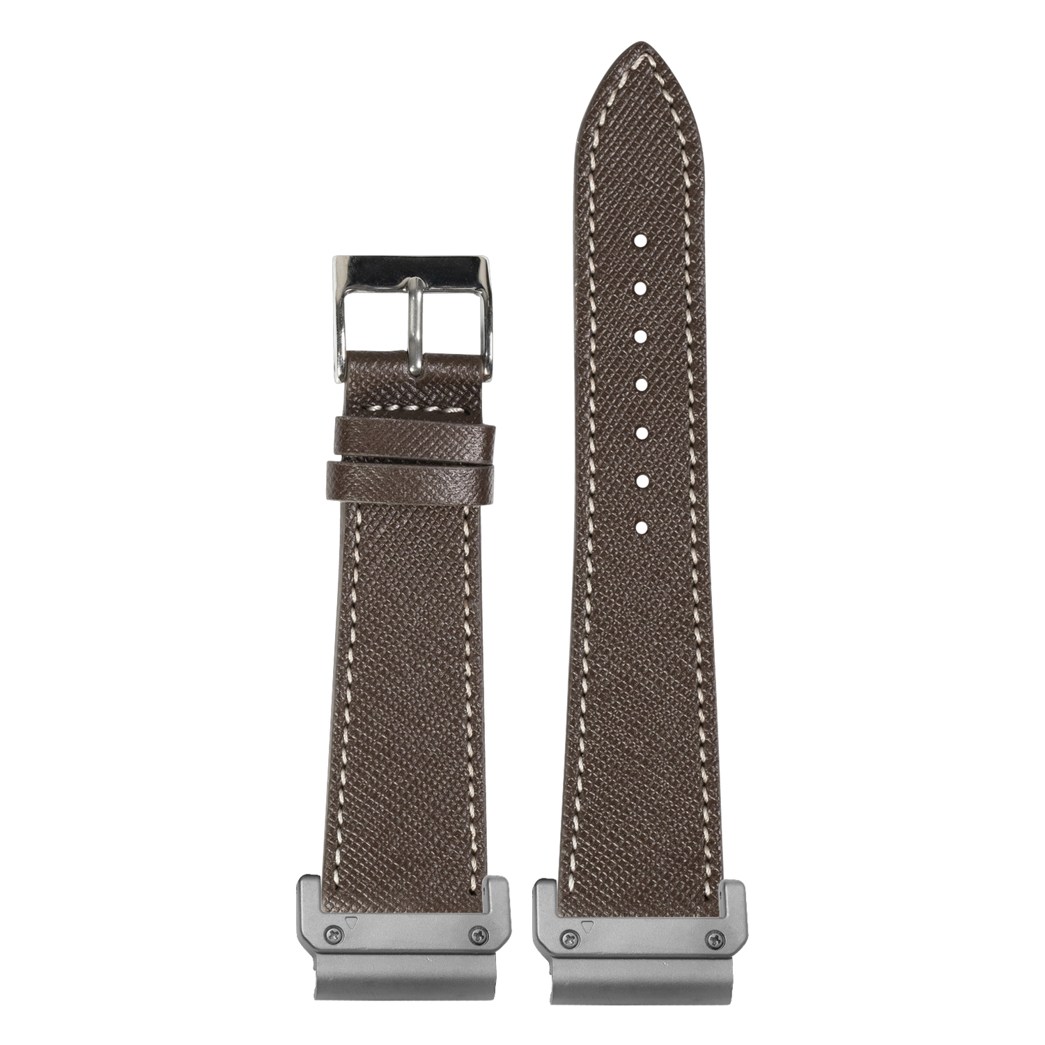 Saffiano Leather Dark Brown White Stitching strap with QuickFit adapters attached to both ends