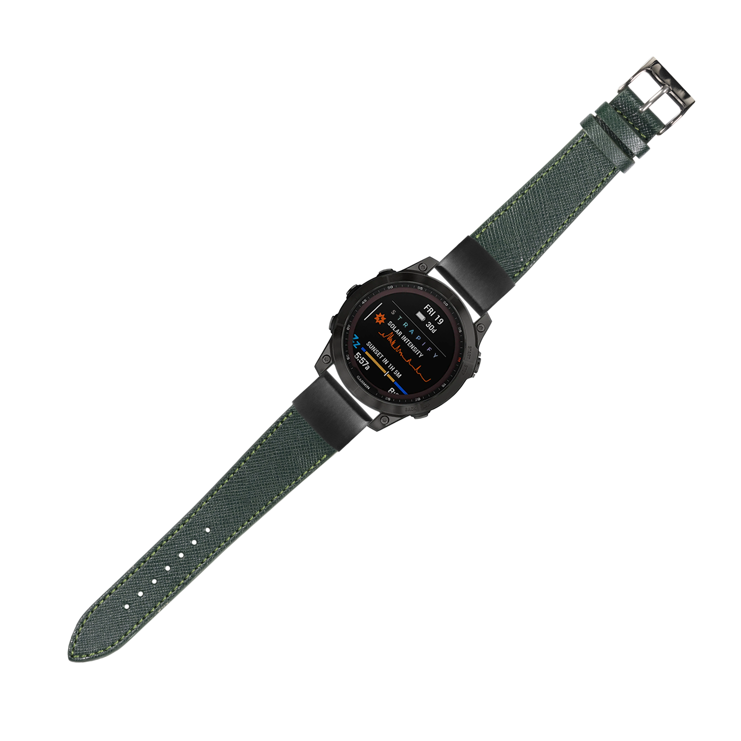 Tactical smartwatch with black case and forest green Saffiano leather QuickFit strap displaying digital interface