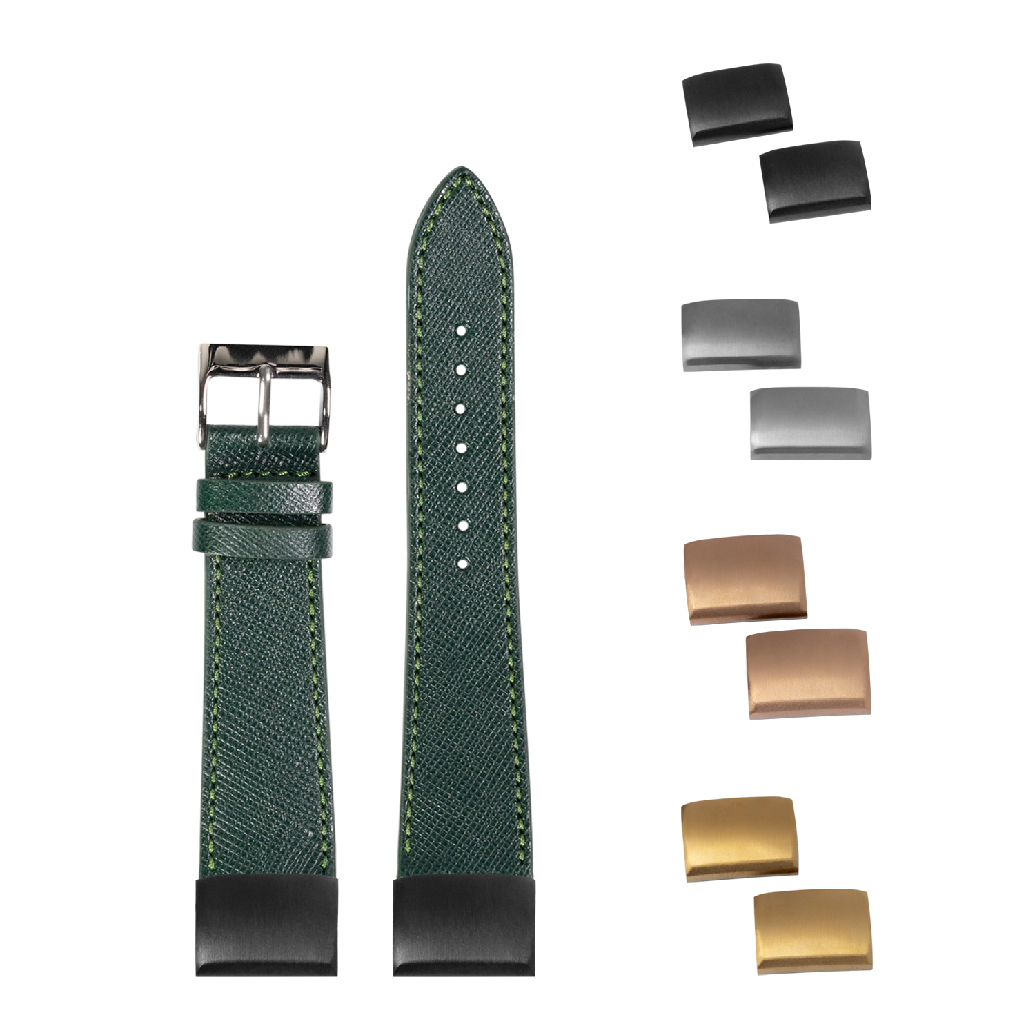 Saffiano leather watch strap in forest green with interchangeable metal buckles and hardware in black, silver, rose gold, and gold finishes