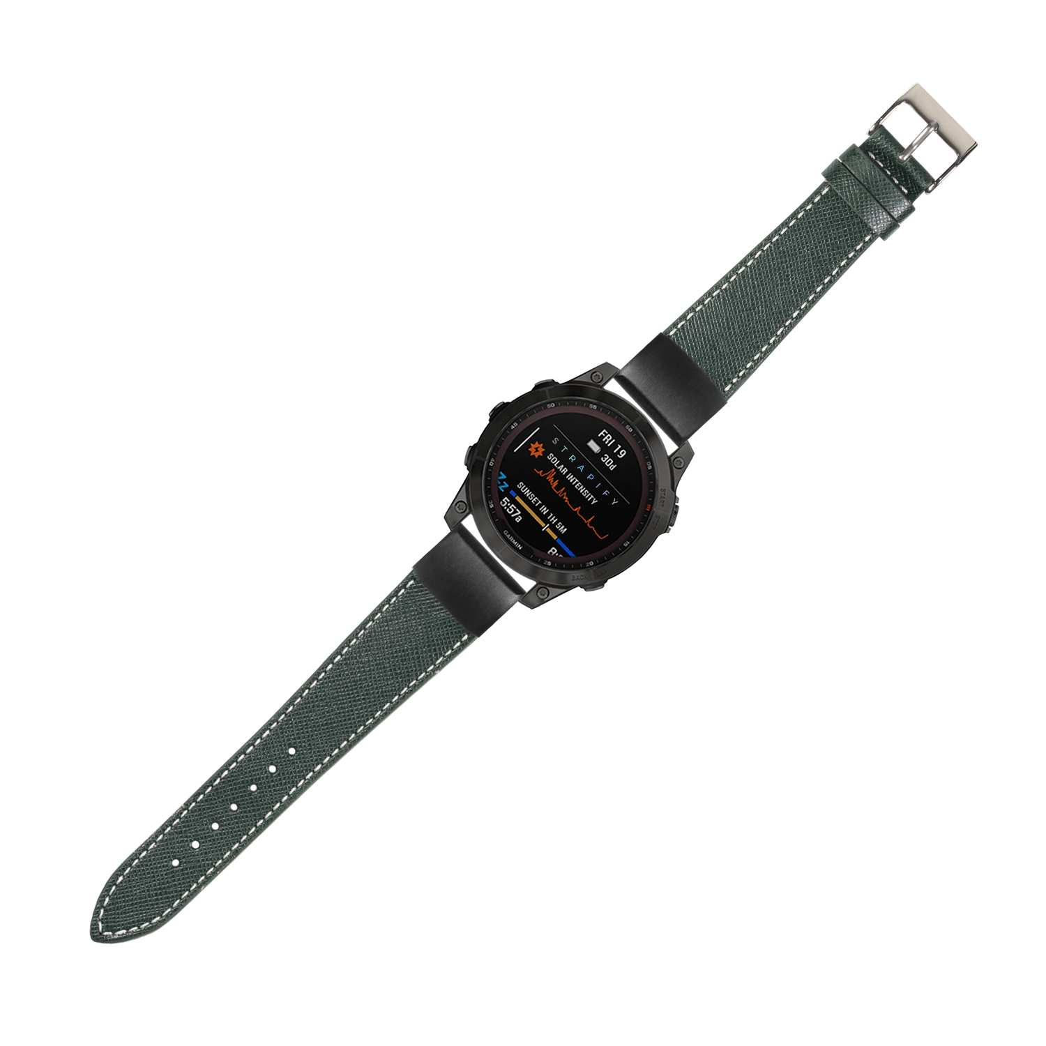 Black digital smartwatch with forest green Saffiano leather strap and white stitching, 20mm quick fit band