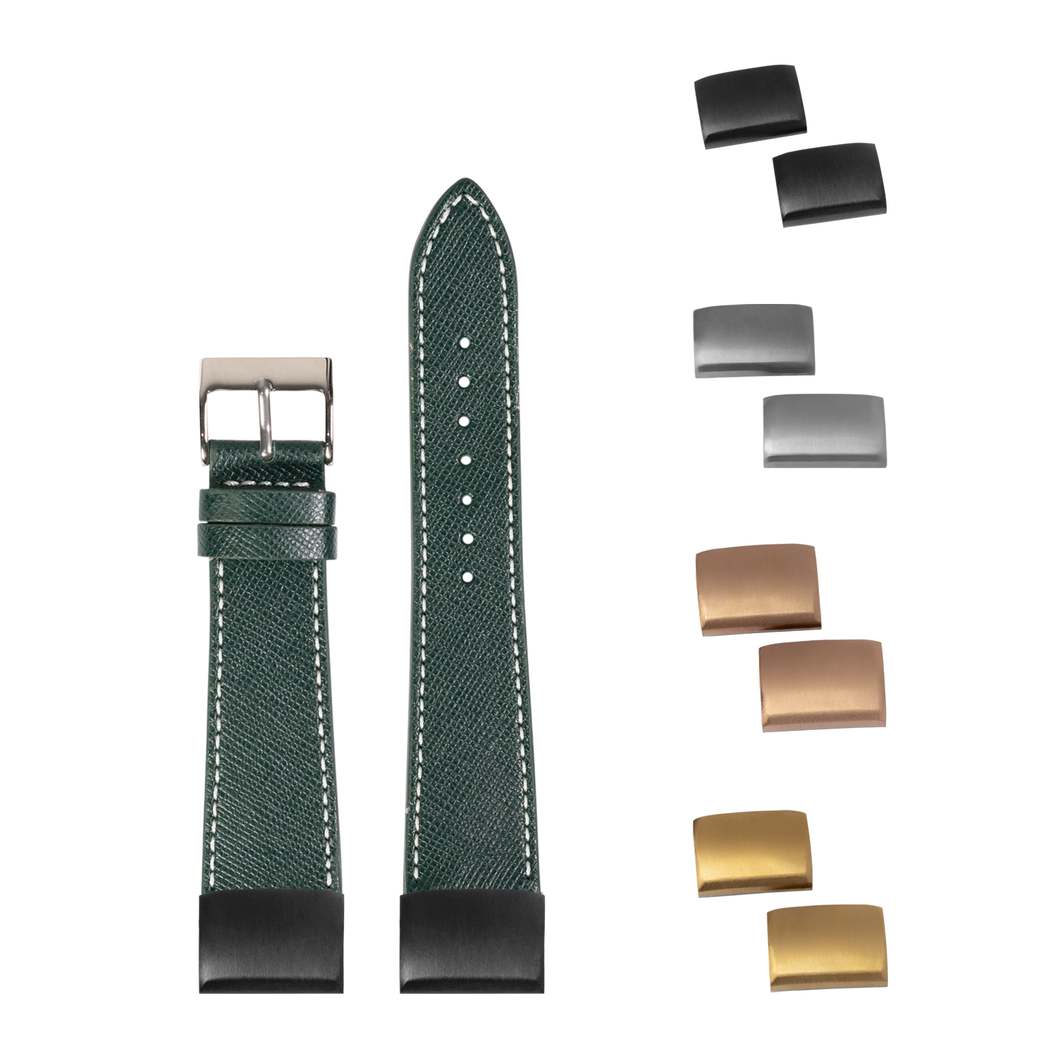 Green Saffiano leather watch strap with white stitching, interchangeable buckles and keepers included