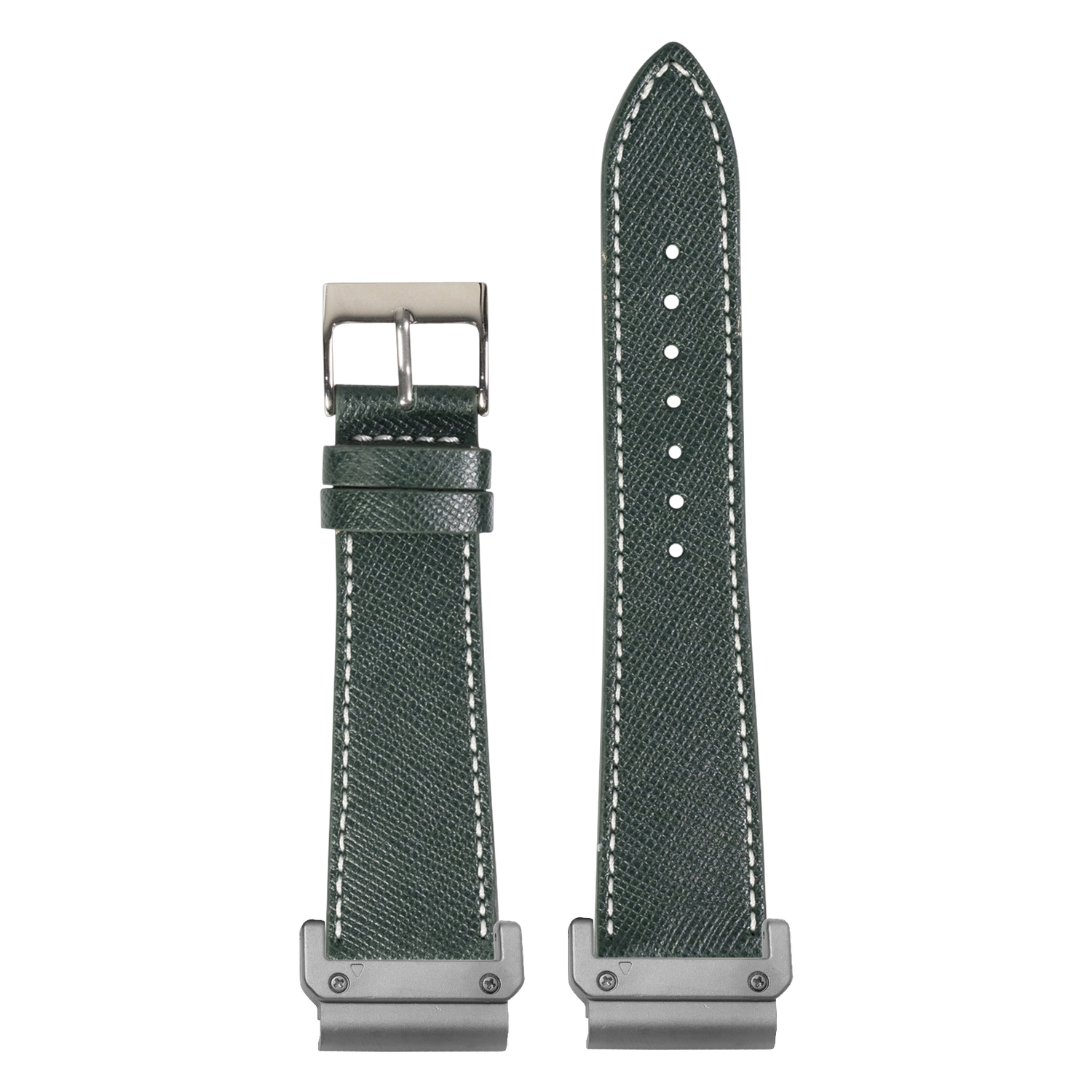 Saffiano Leather Forest Green White Stitching strap with QuickFit adapters attached to both ends