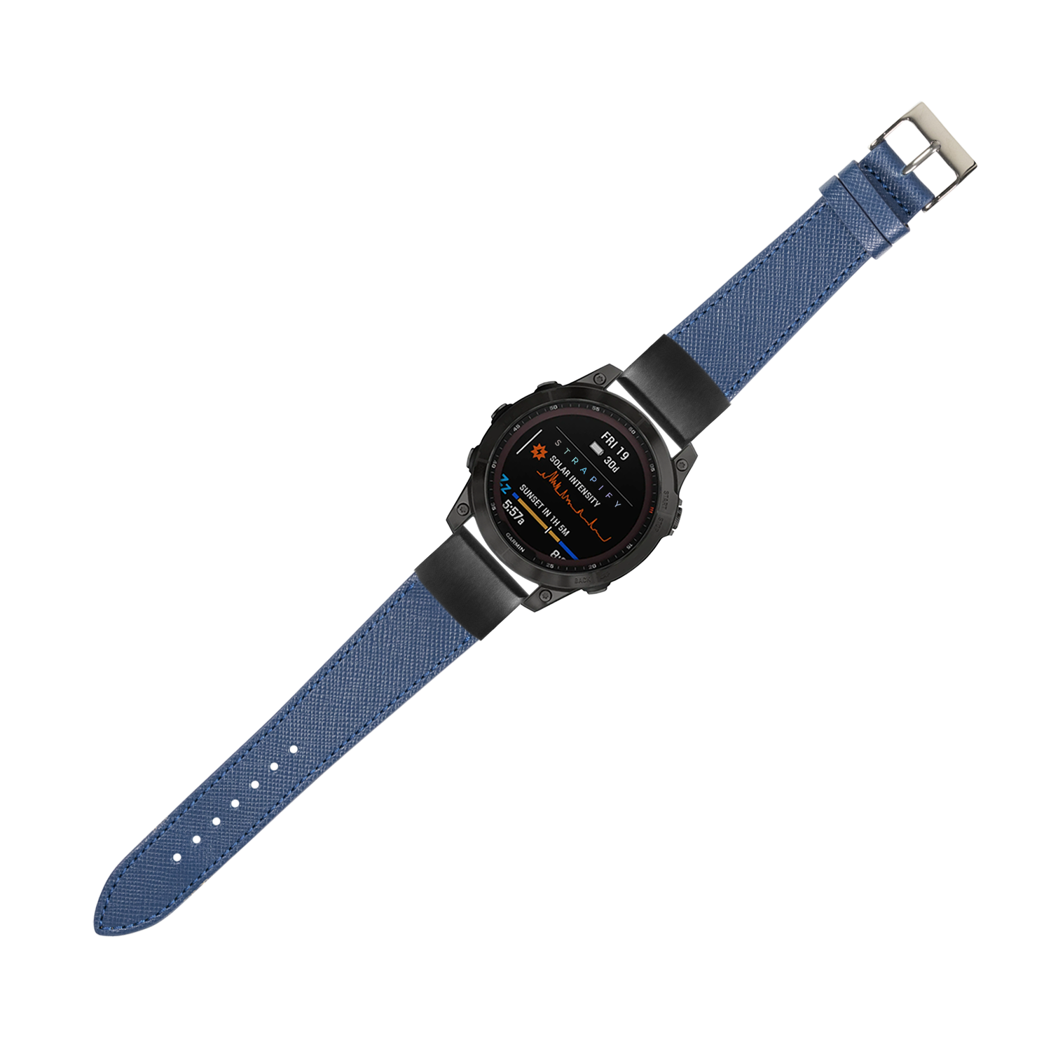Smartwatch with black case and blue Saffiano leather QuickFit band displaying digital interface on AMOLED screen